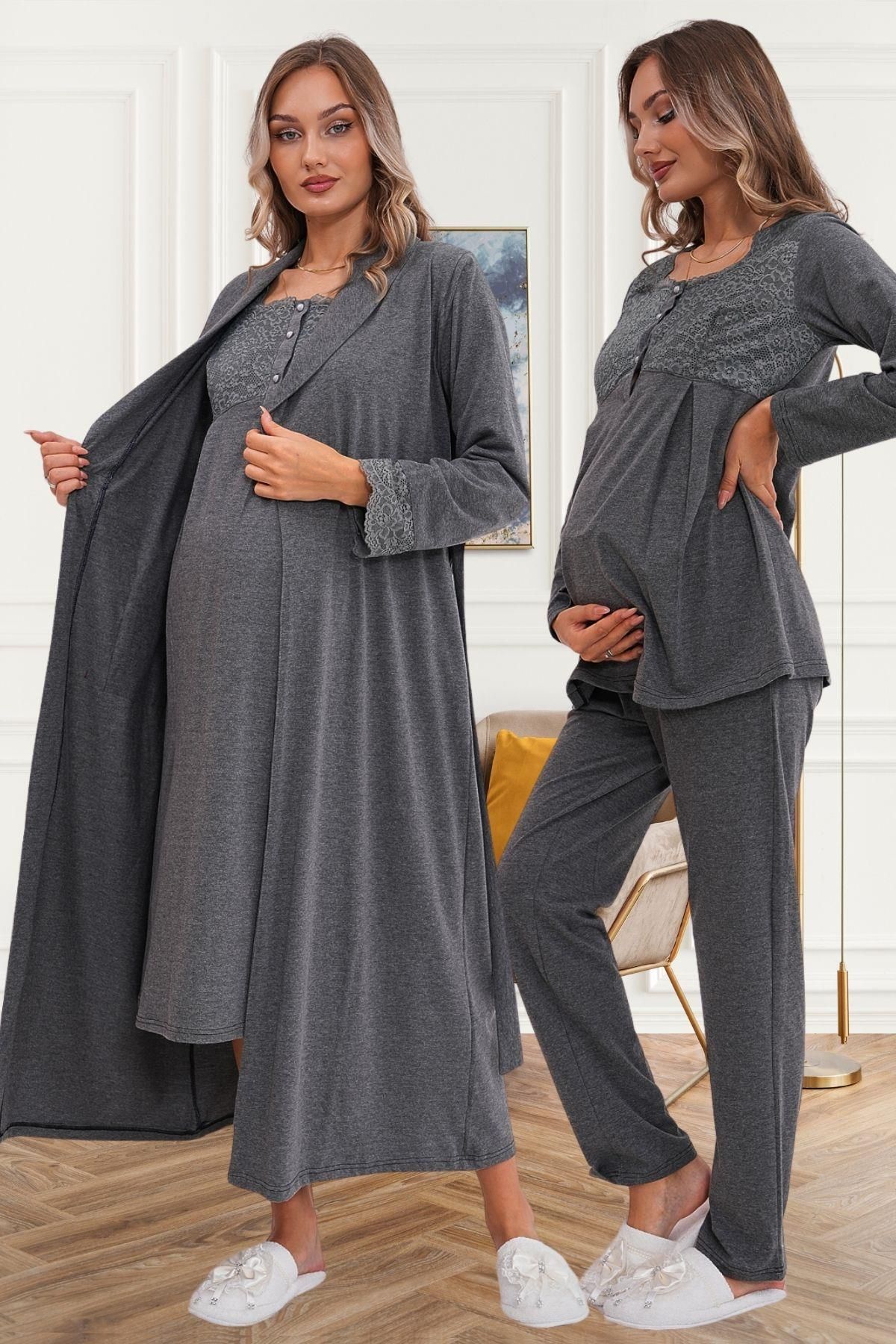 Mecit Pijama-Smoked Long Dressing Gown Nightgown Pajamas Set 1