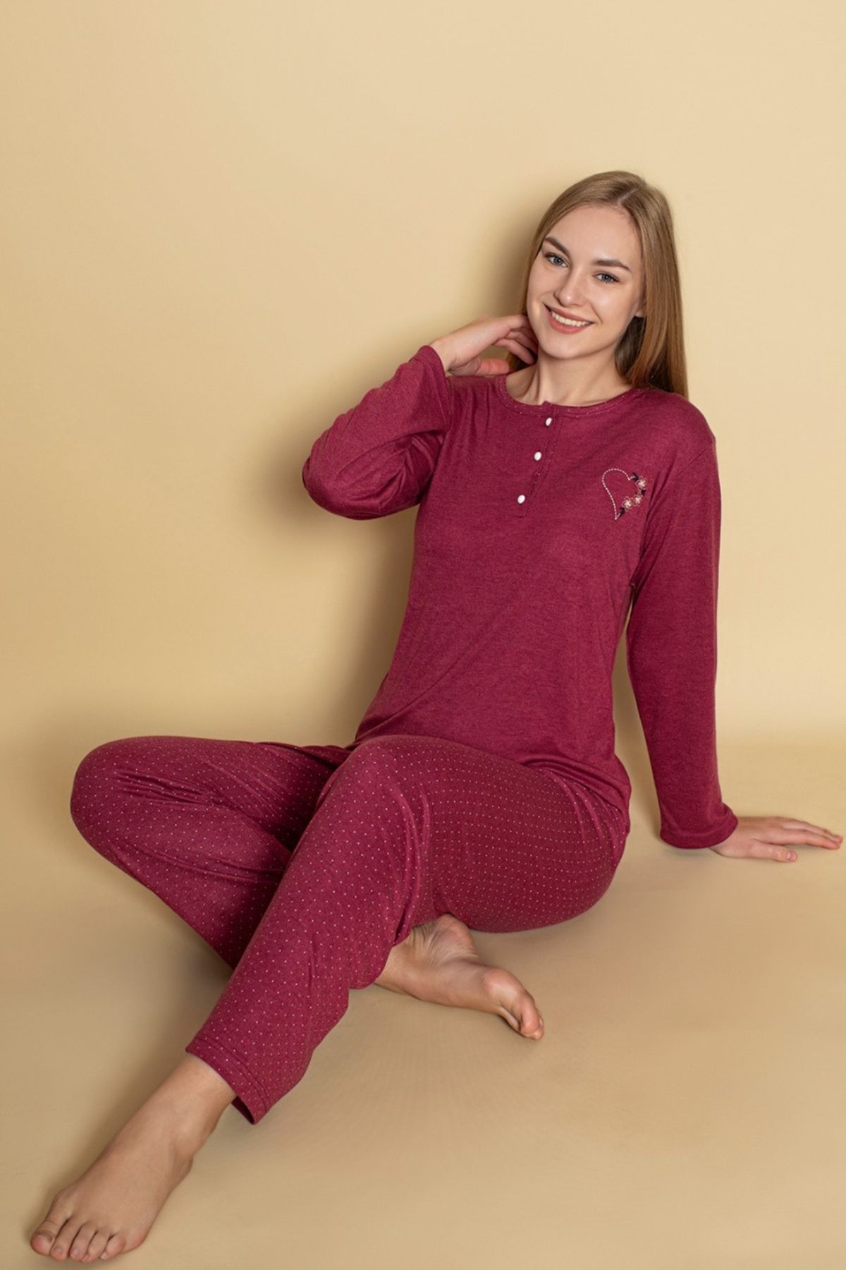 Farya Home-Dreamy Long Sleeve Polka Dot Buttoned Collar Pajama Set 2