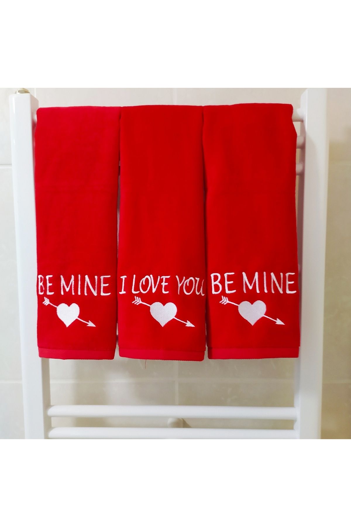 Butik Sevgililer Günü Temalı ''I Love You-Be Mine'' Nakış İşlemeli 3lü Mutfak Havlu Seti