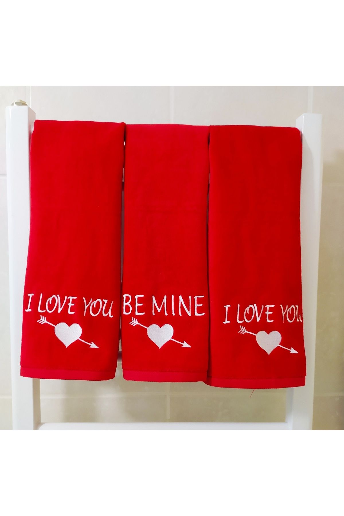 Butik Sevgililer Günü Temalı ''I Love You-Be Mine'' Nakış İşlemeli 3lü Mutfak Havlu Seti