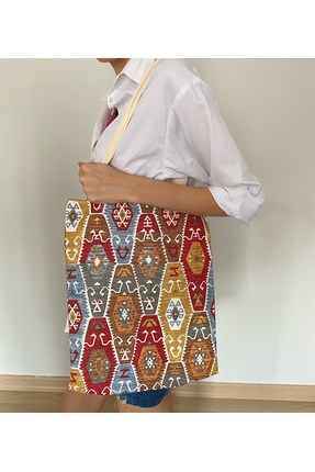 WhiteArt Unisex Etnik Desen Pamuklu Canvas Bez Alışveriş Çantası