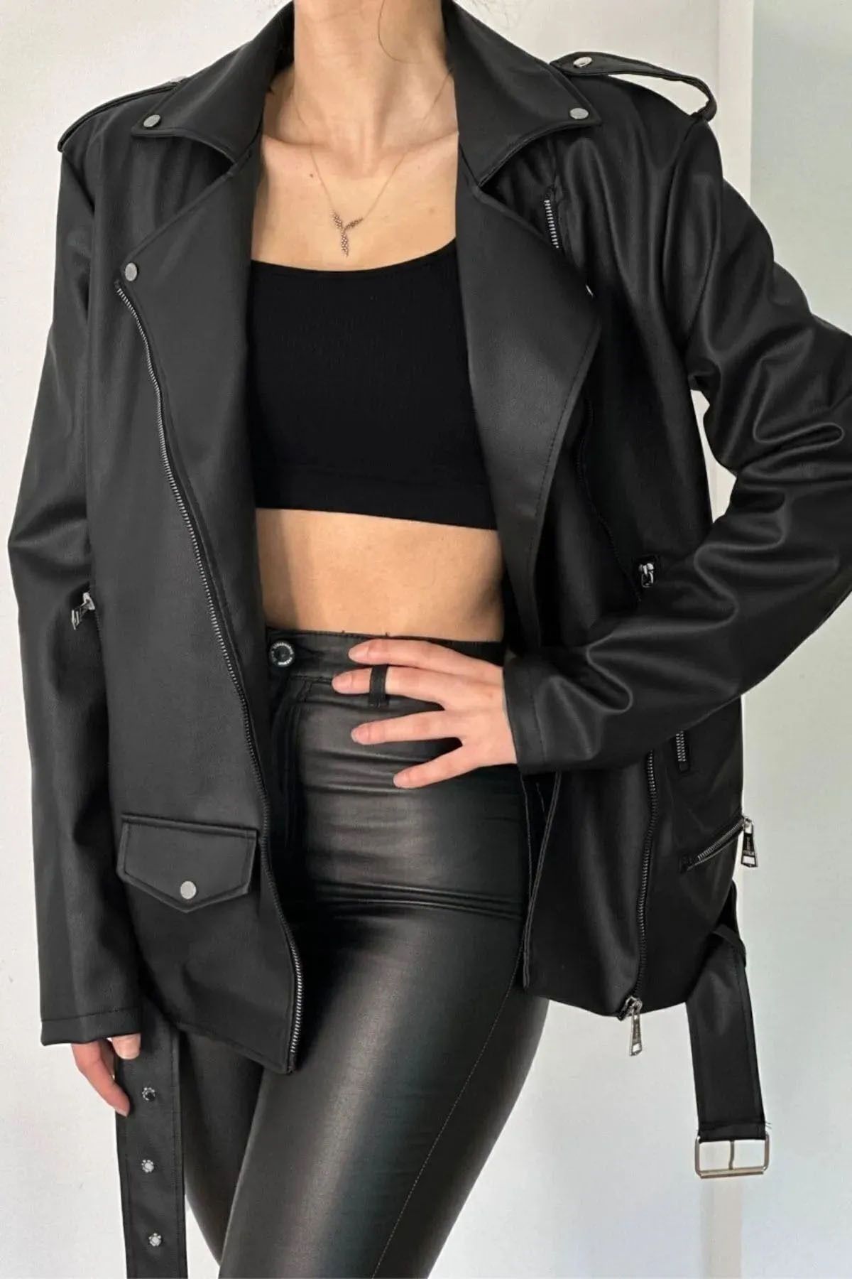 MEECY Damska Skórzana Kurtka Oversize Typu Biker Kobieta - M