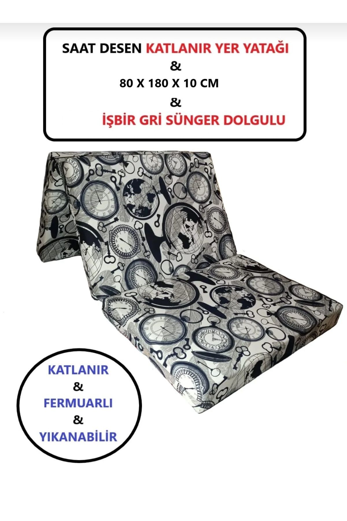 Mor Minder Katlanır Yer Yatağı Tek Kişilik Sünger Minder Yatak 80x180X 10 cm GRİ KALIN SÜNGER SAATLİ MODEL