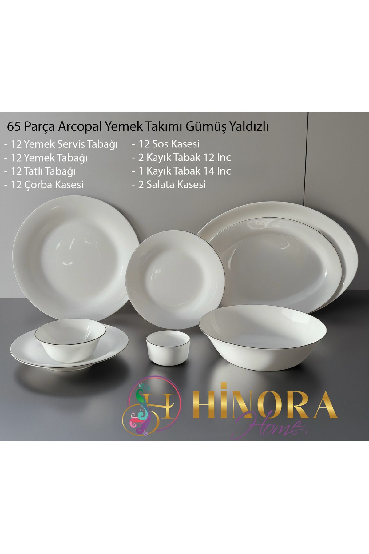 Hinora Arcopal 65 Parça 12 Kişilik Yemek Takımı Gümüş Yaldızlı Beyaz Arkopal Yemek Takımı