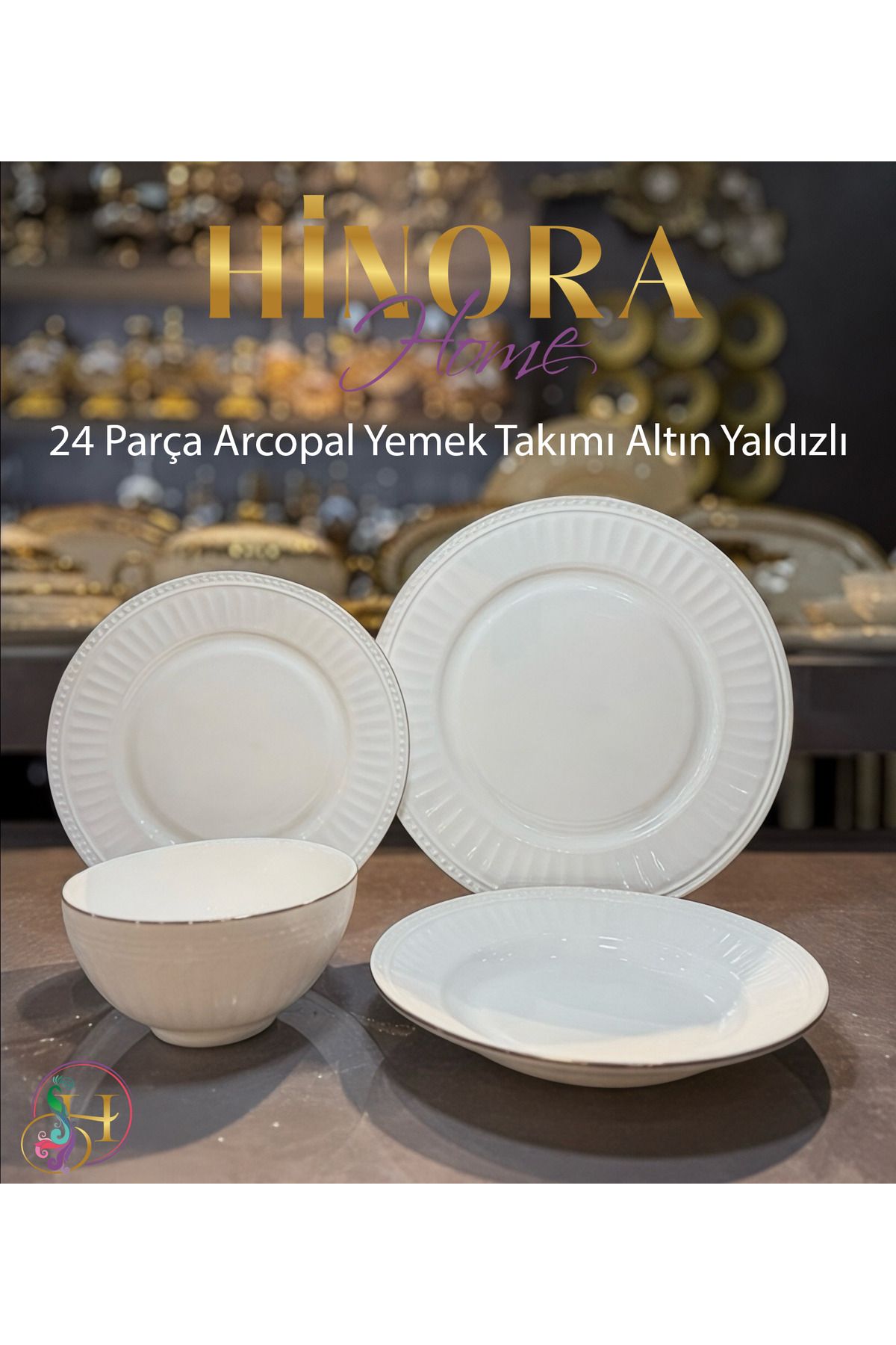 Hinora 24 Parça Yemek Takımı Altın Yaldızlı Beyaz Arkopal Yemek Takımı