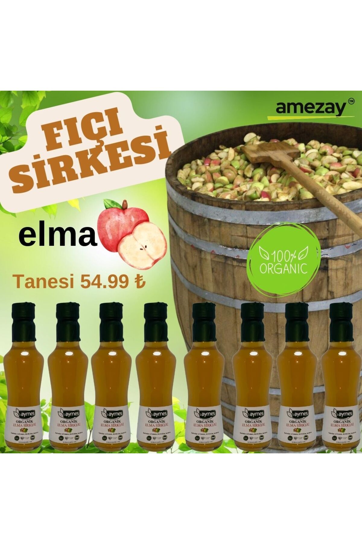 Aymes Organic 2 Litre Geleneksel Ahşap Fıçı Organik ELMA Sirkesi | 250 ml x 8 adet Cam Şişede | Amezay A.Ş. Güveni