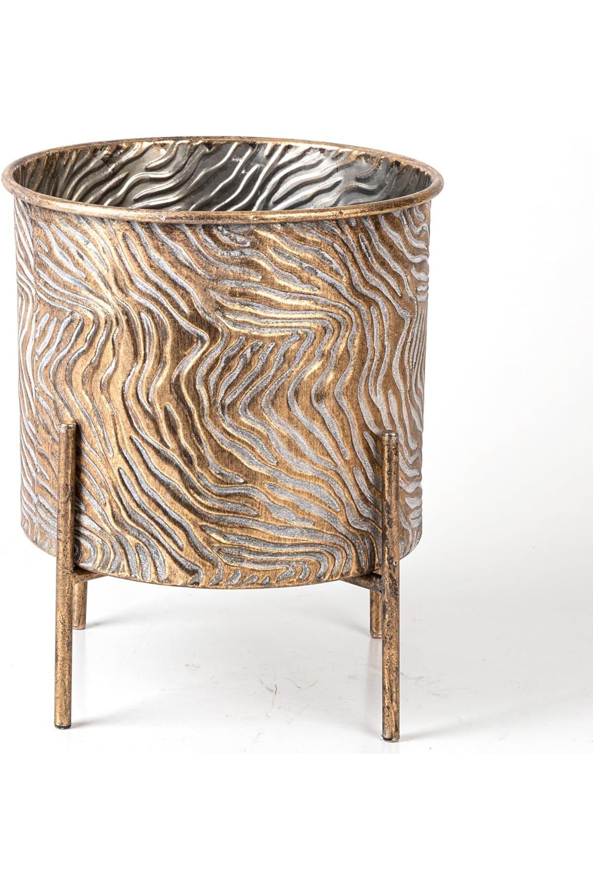 STOREMAX buystoremx Dalga Desenli Ayaklı Silindir Metal Çiçeklik Saksı Altın Eskitme 21,5x24,5x21,5 Cm.