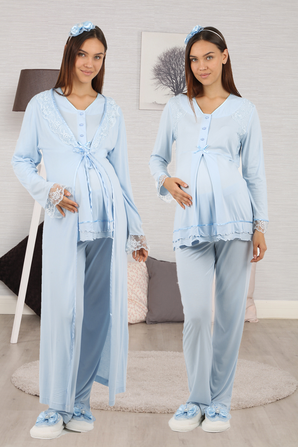 lohusahamile Mavi Dantel Sabahlıklı Lohusa Pijama Takımı Effortt