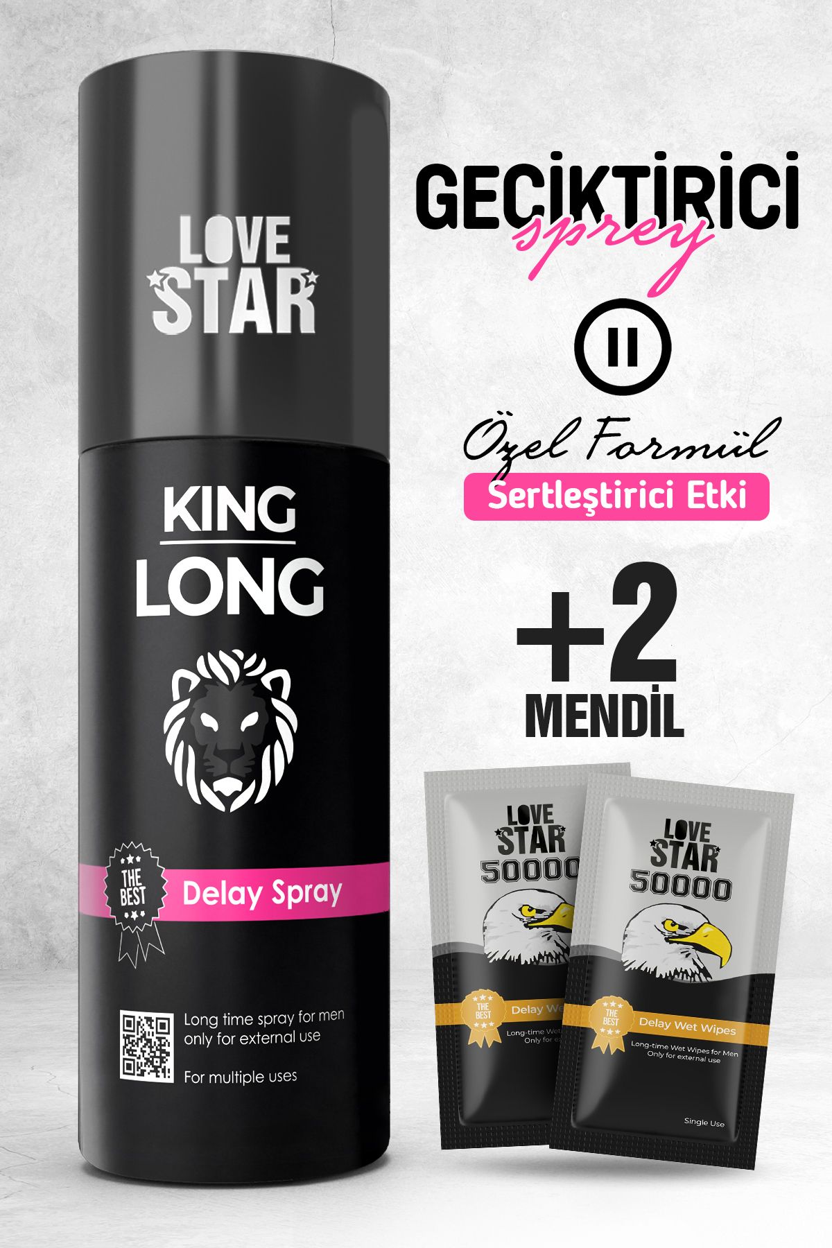 Love Star Geciktiricili Premium Sprey ve 2 Adet Tek Kullanımlık Mendil Geciktiricili Set