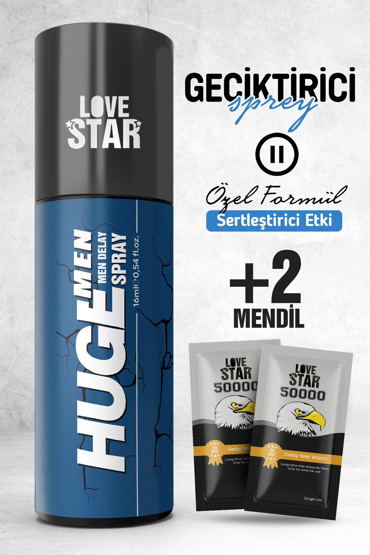 Love Star Geciktiricili Premium Avrupa'dan İthal Sprey ve 2 Adet Tek Kullanımlık Mendil Geciktiricili Set