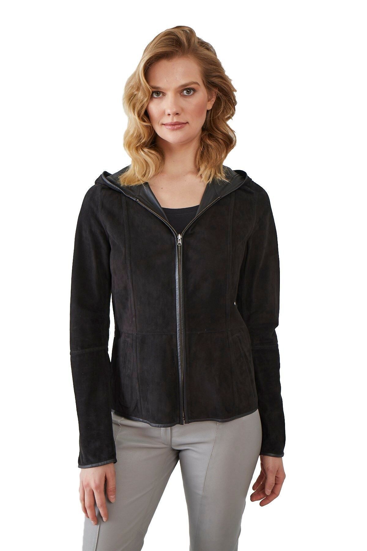 Deriderim-Women's Genuine Suede Jacket - Black, Zip-Up, Hood, Lightweight and Double-Sided 3