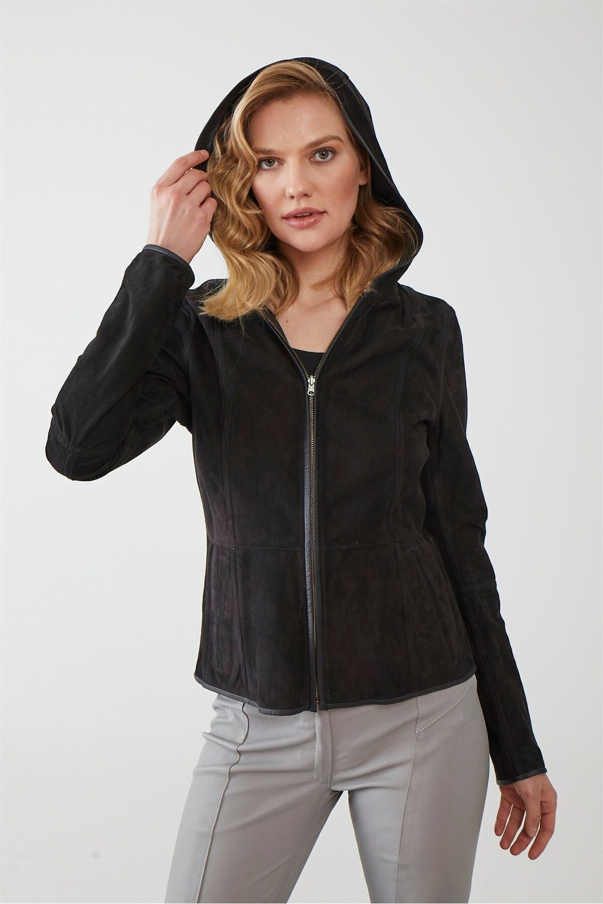 Deriderim-Women's Genuine Suede Jacket - Black, Zip-Up, Hood, Lightweight and Double-Sided 2