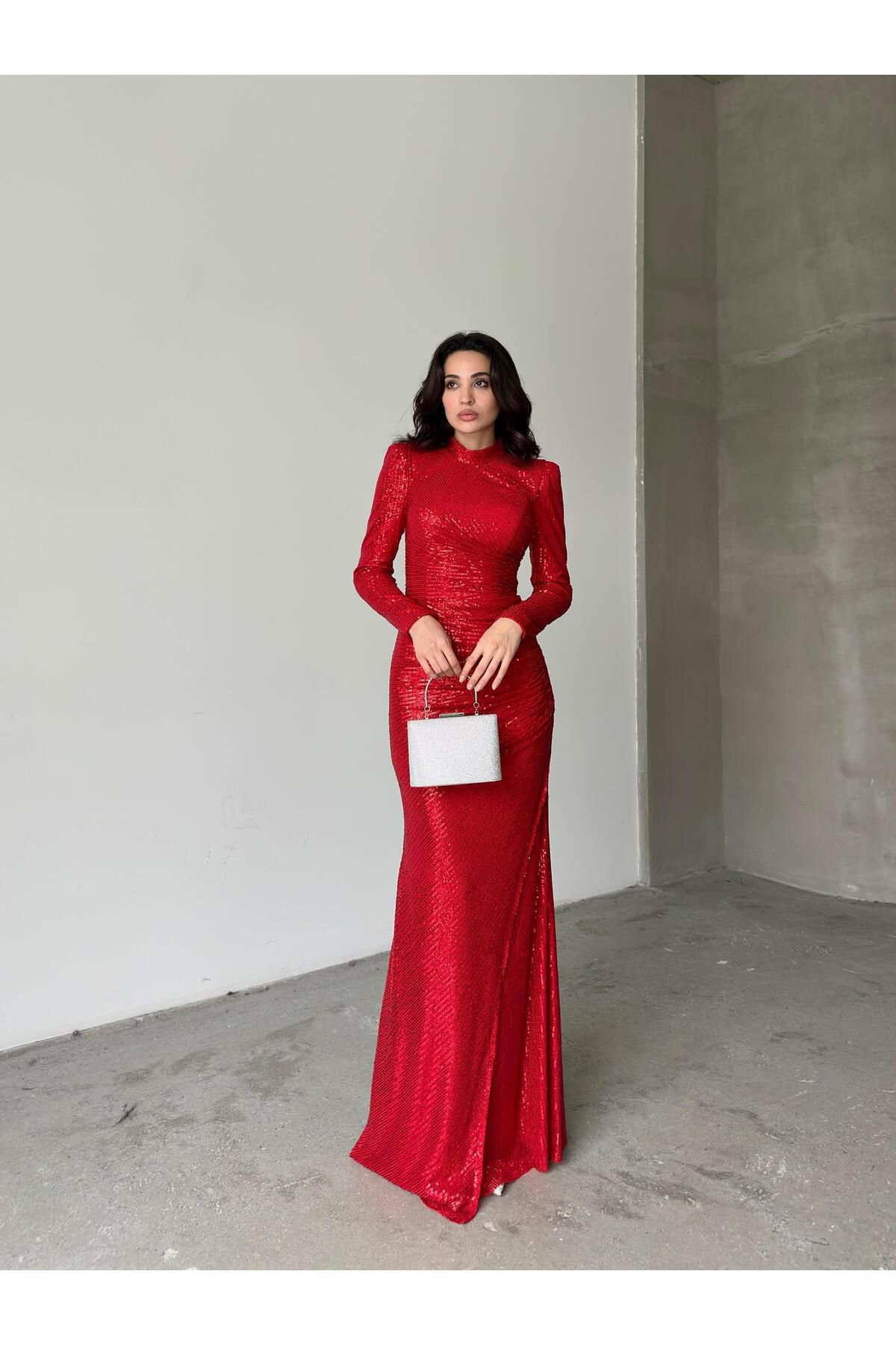 Serica Moda Red Sequin Sequined Long Sleeve Evening Dress- Trendyol