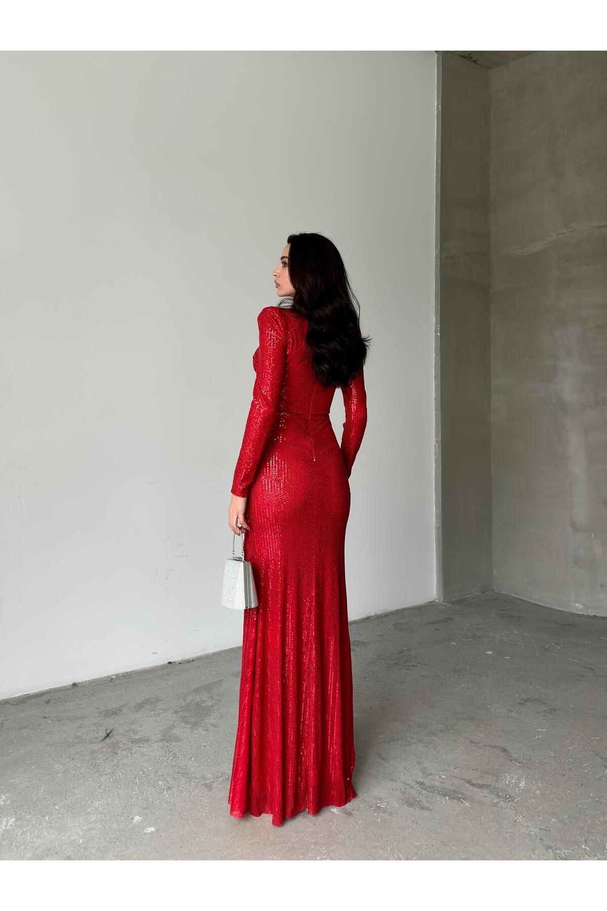 Serica Moda Red Sequin Sequined Long Sleeve Evening Dress- Trendyol