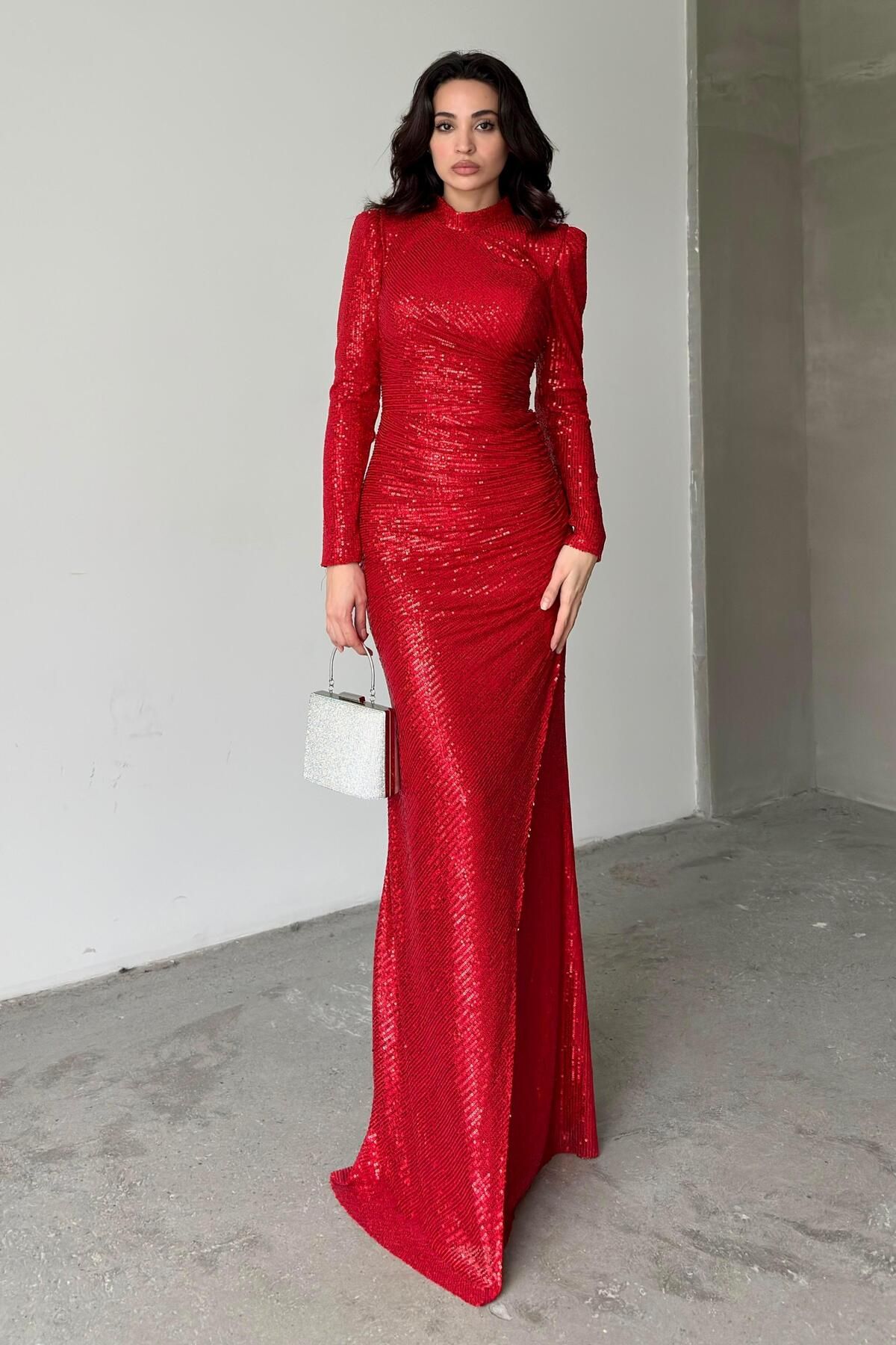 Serica Moda Red Sequin Sequined Long Sleeve Evening Dress- Trendyol