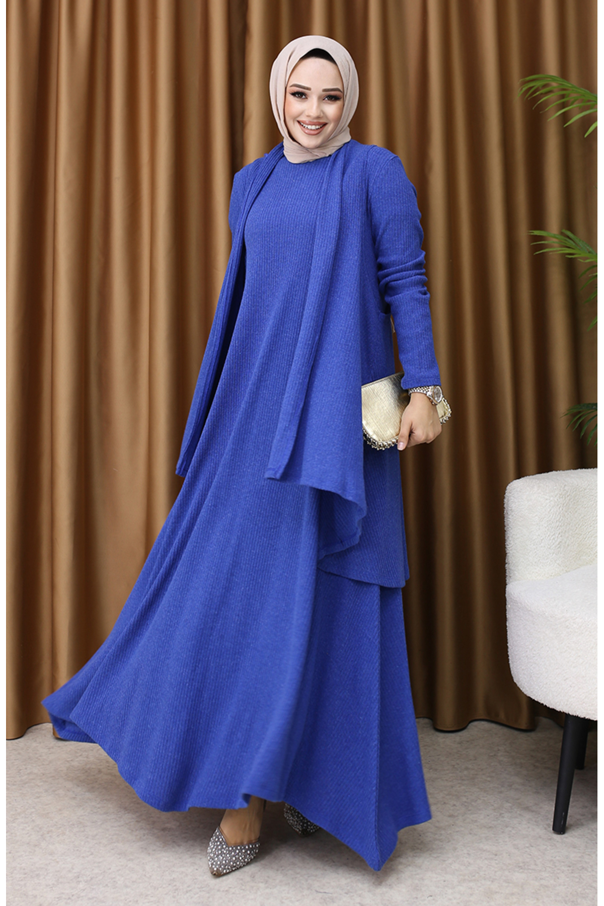 sefamerve Plus Size Vest Dress Two-Piece Set 6370-03 Cobalt
