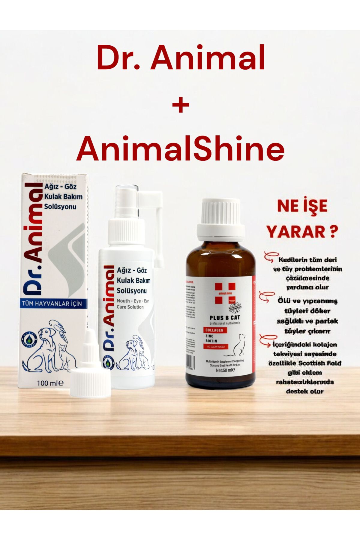 animal shine Dr. Anml 100 ml AĞIZ GÖZ KULAK BAKIM SOLÜSYONU VE ANİMAL SHİNE B-PLUS KOLAJEN DERİ VE TÜY BAKIMI