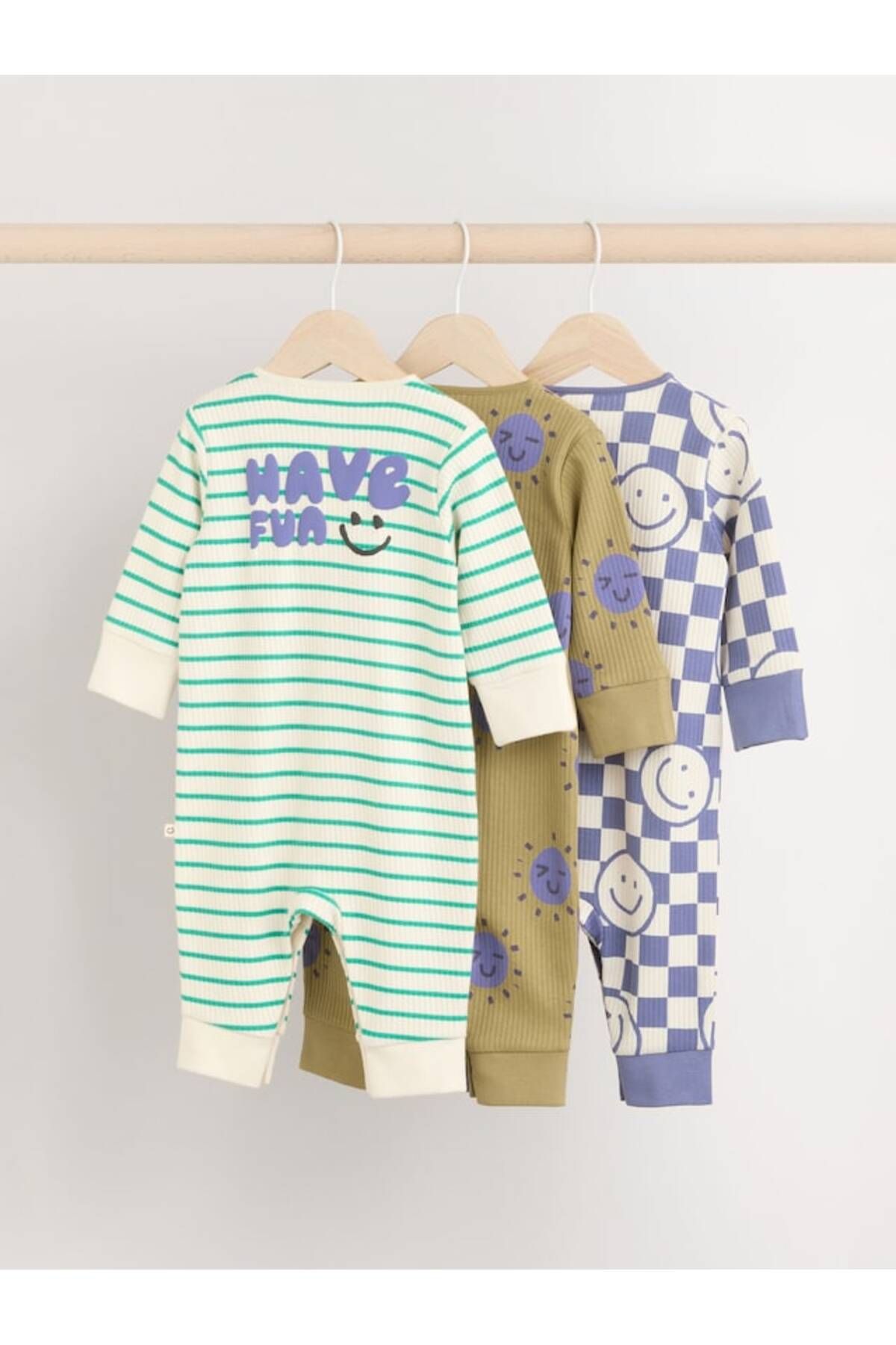 Next Baby-100% Cotton Blue Green Striped Patterned 3-Piece Sleepsuit Set 2