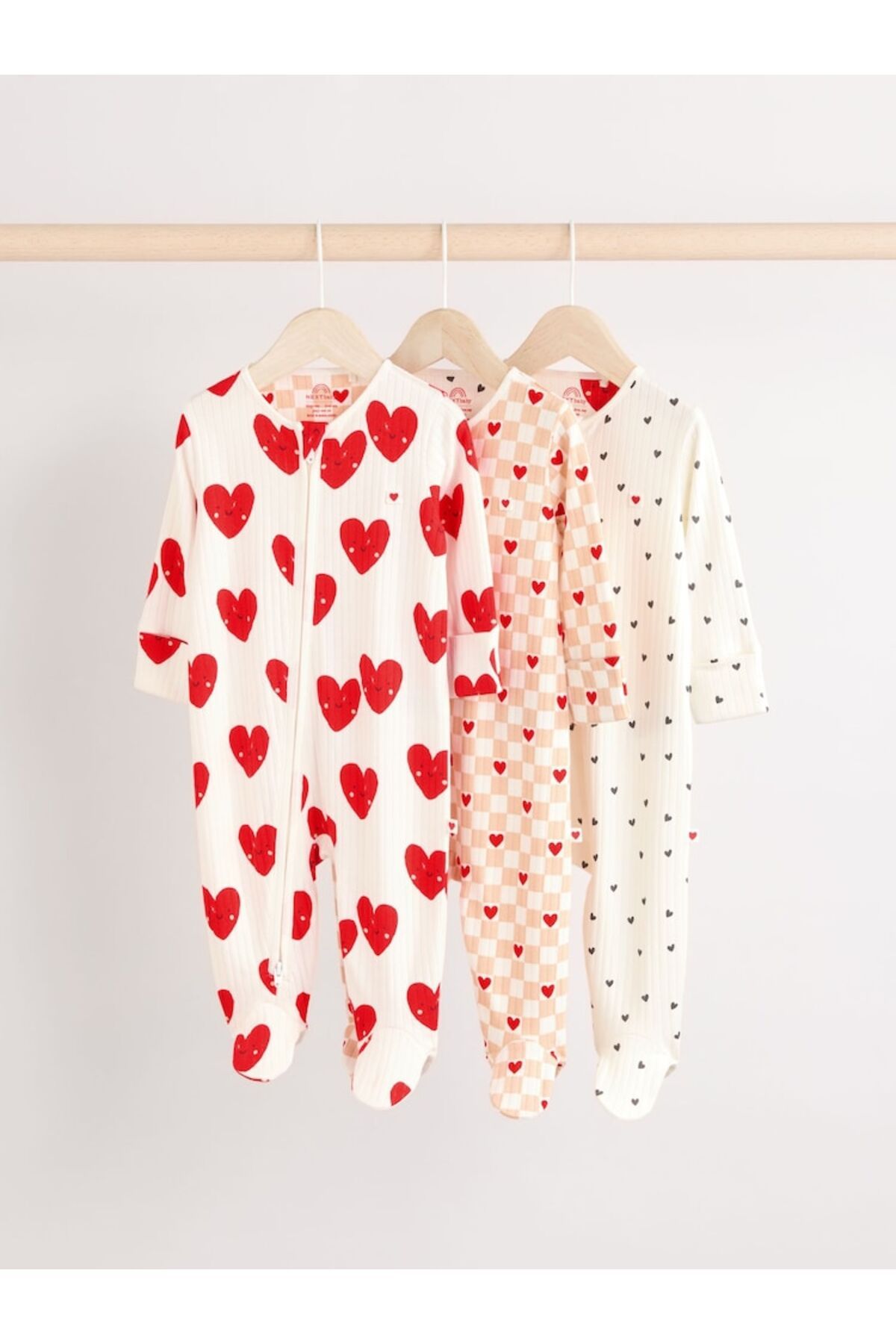 Next Baby 100% Cotton White Red Heart Patterned 3-Piece Sleepsuit Set