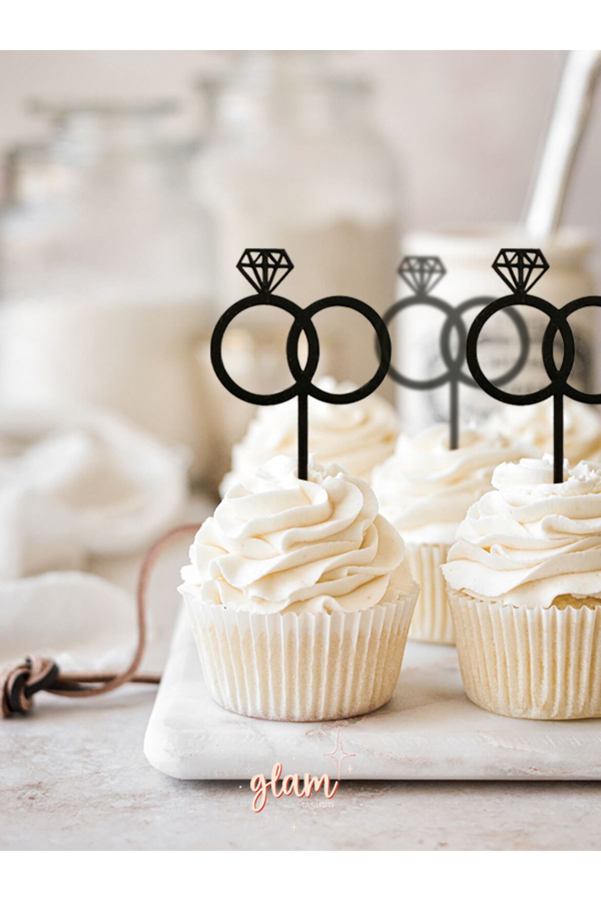 GLAM DEKORASYON Siyah Yüzükler 6'lı Pinterest Tarzı Söz Nişan Cupcake Kek ve Tatlı Süsleri Pasta Kürdanı