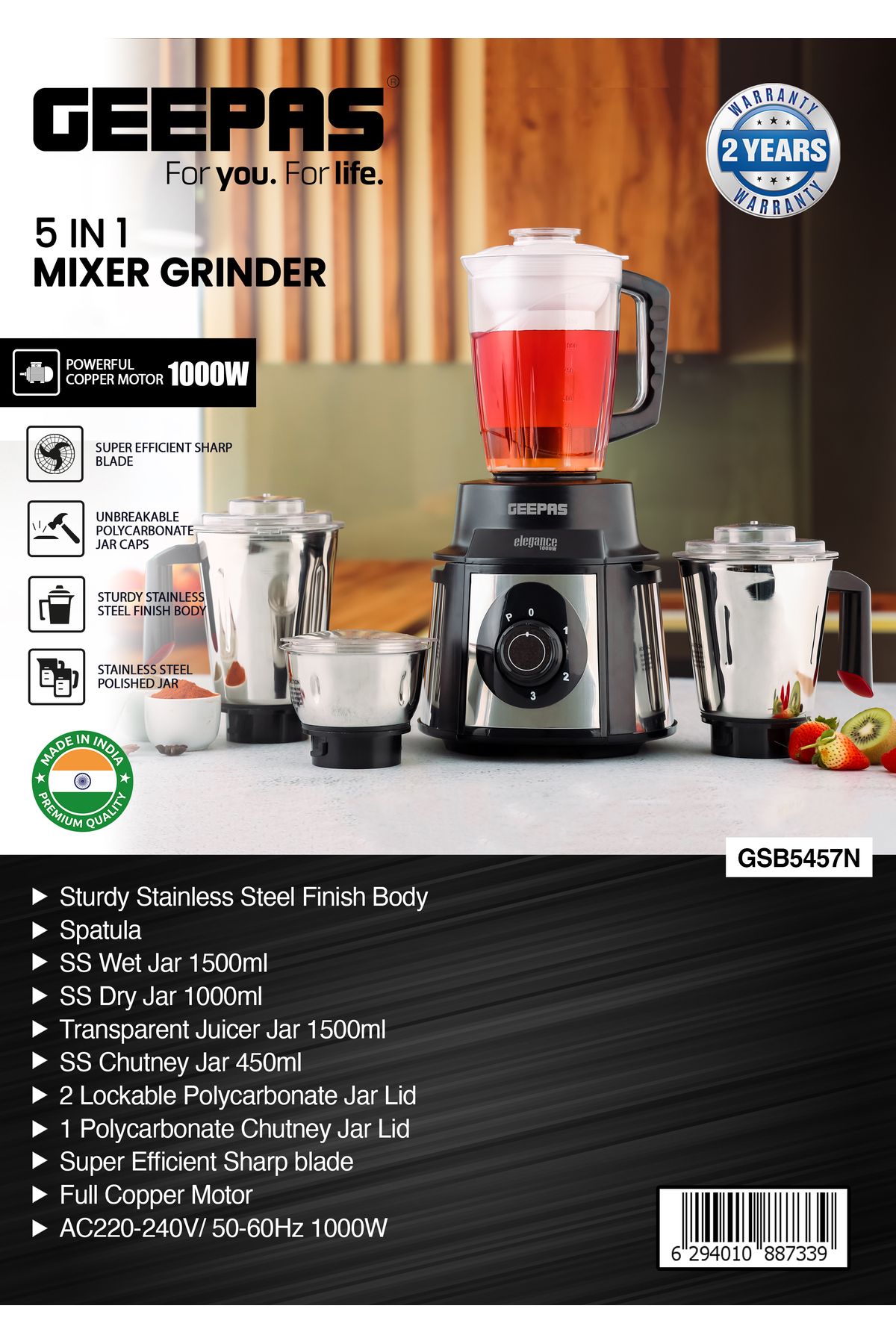 Geepas-5-IN-1 Mixer Grinder |  Modern Design, Durable Body, Robust Handles and Sharp Blades 7
