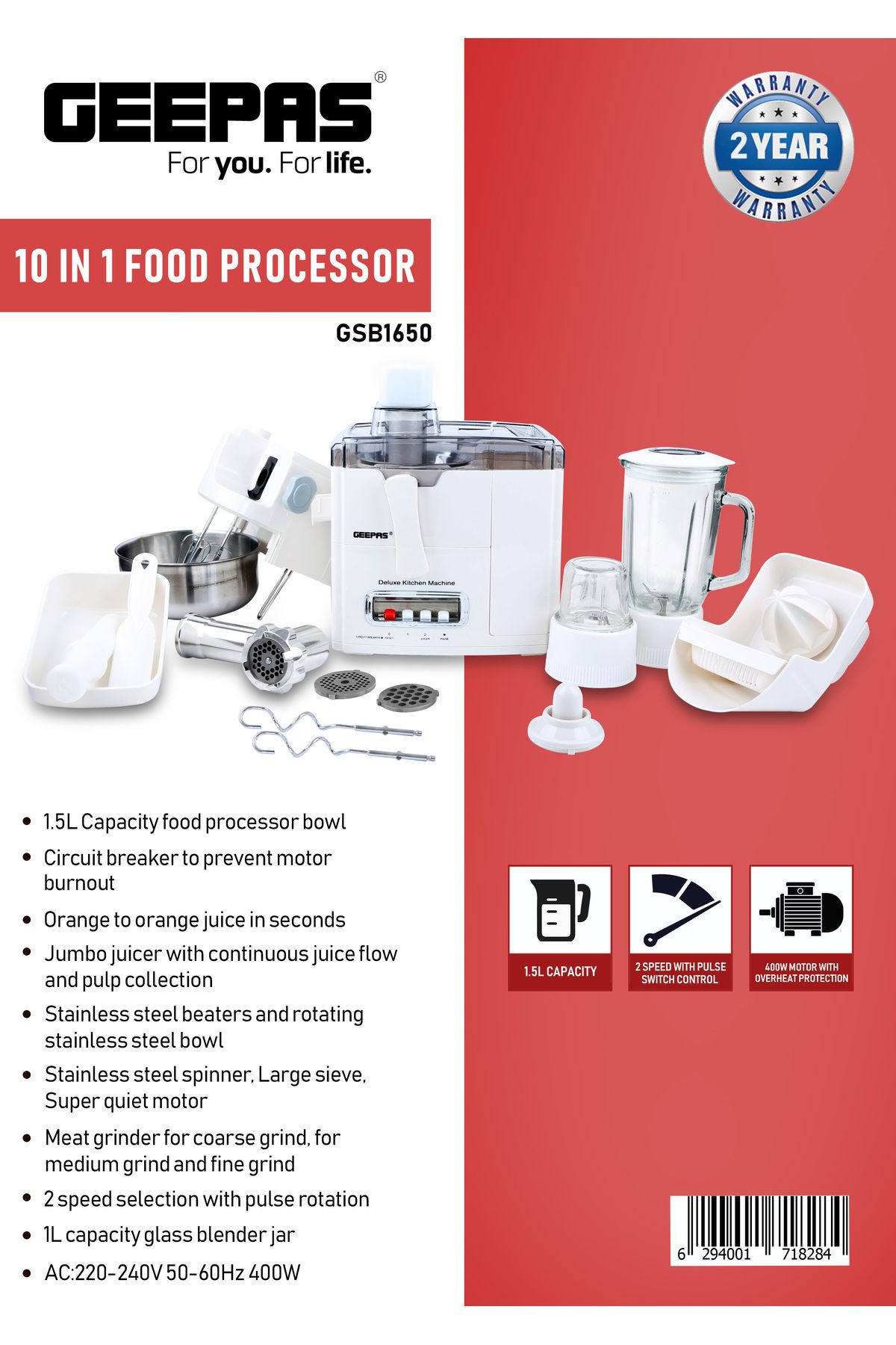 Geepas-10-in-1 Food Processor & Juicer 400W -  1.5L Jar, 2-Speed Pulse Function for Ice Crusher 8