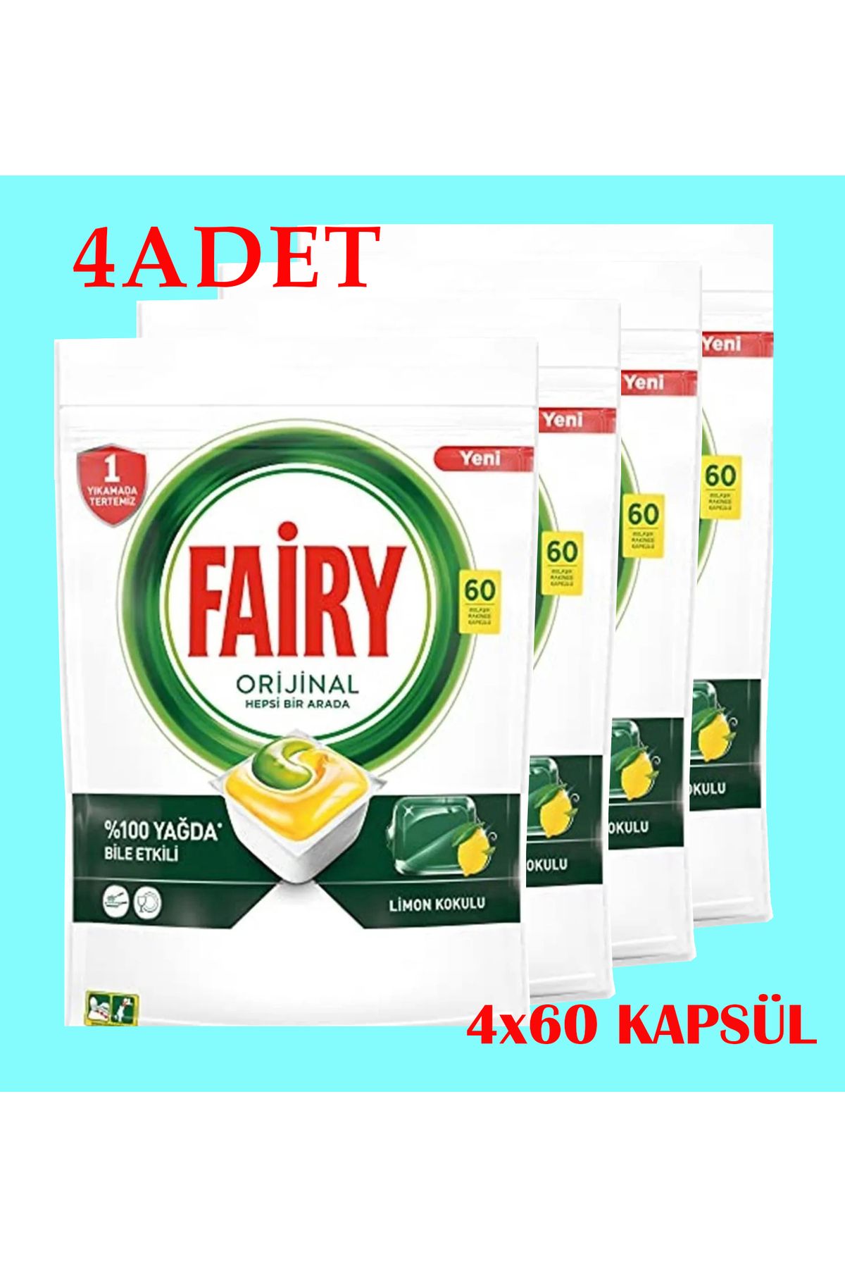 Fairy Bulaşık Makinesi Deterjanı Orijinal Hepsi Bir Arada Limon Kokulu 4x60 Kapsül