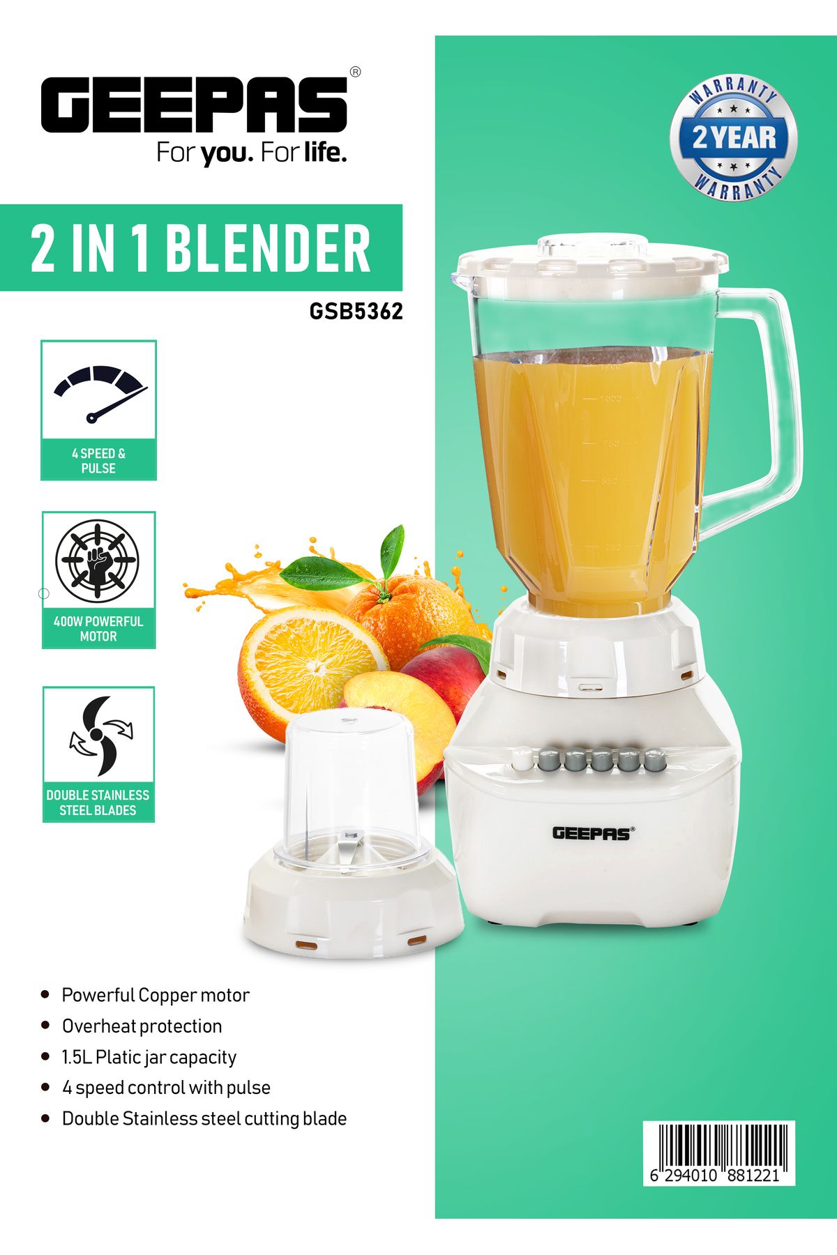 Geepas-2-in-1 Blender, 1.5L Plastic Jar, 4 Speed Control with Pulse | 400W Powerful Motor 6