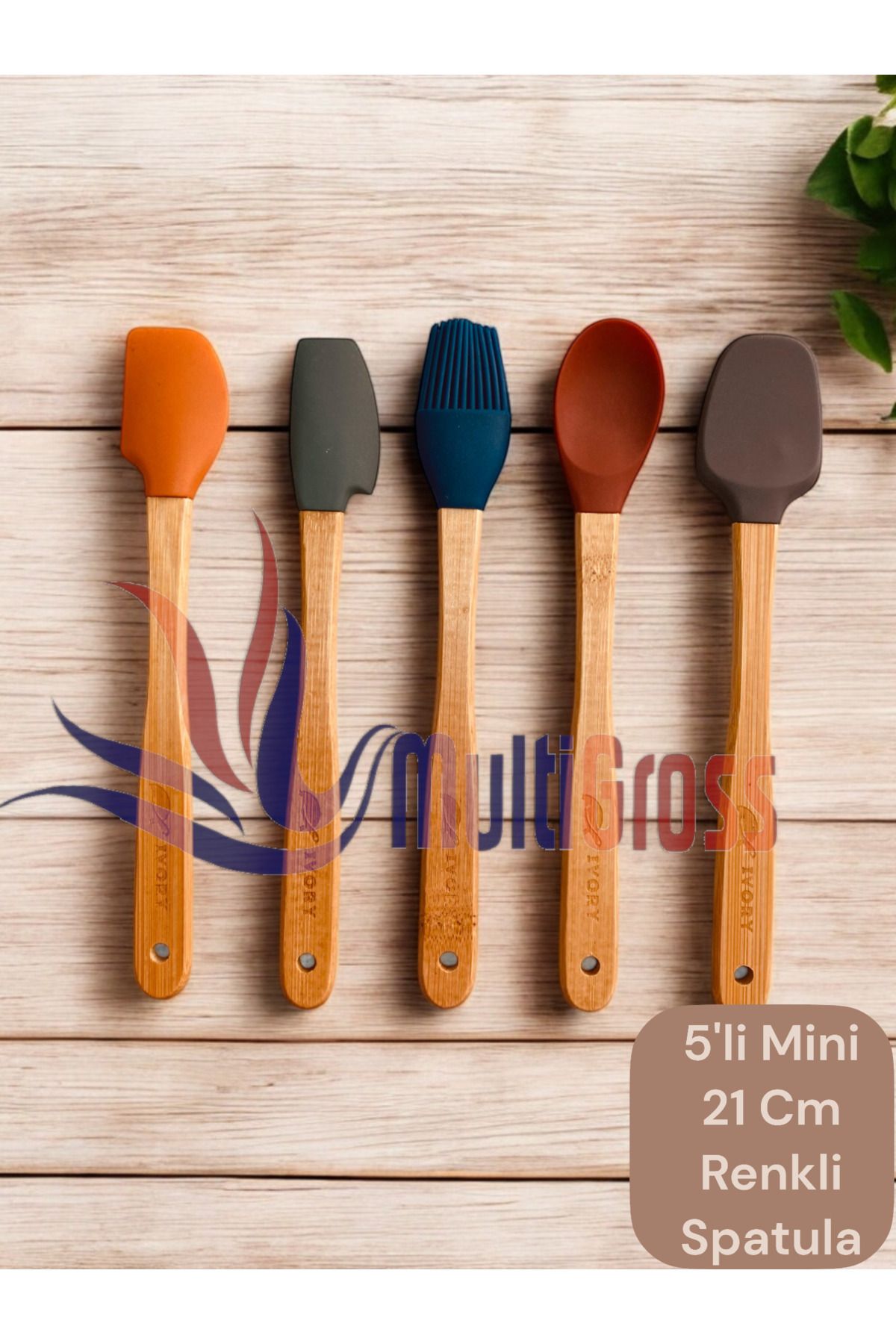 Multiamo-Ivory 5 Piece Bamboo Handle Mini 21 cm Silicone Spatula Spoon Brush Set 3