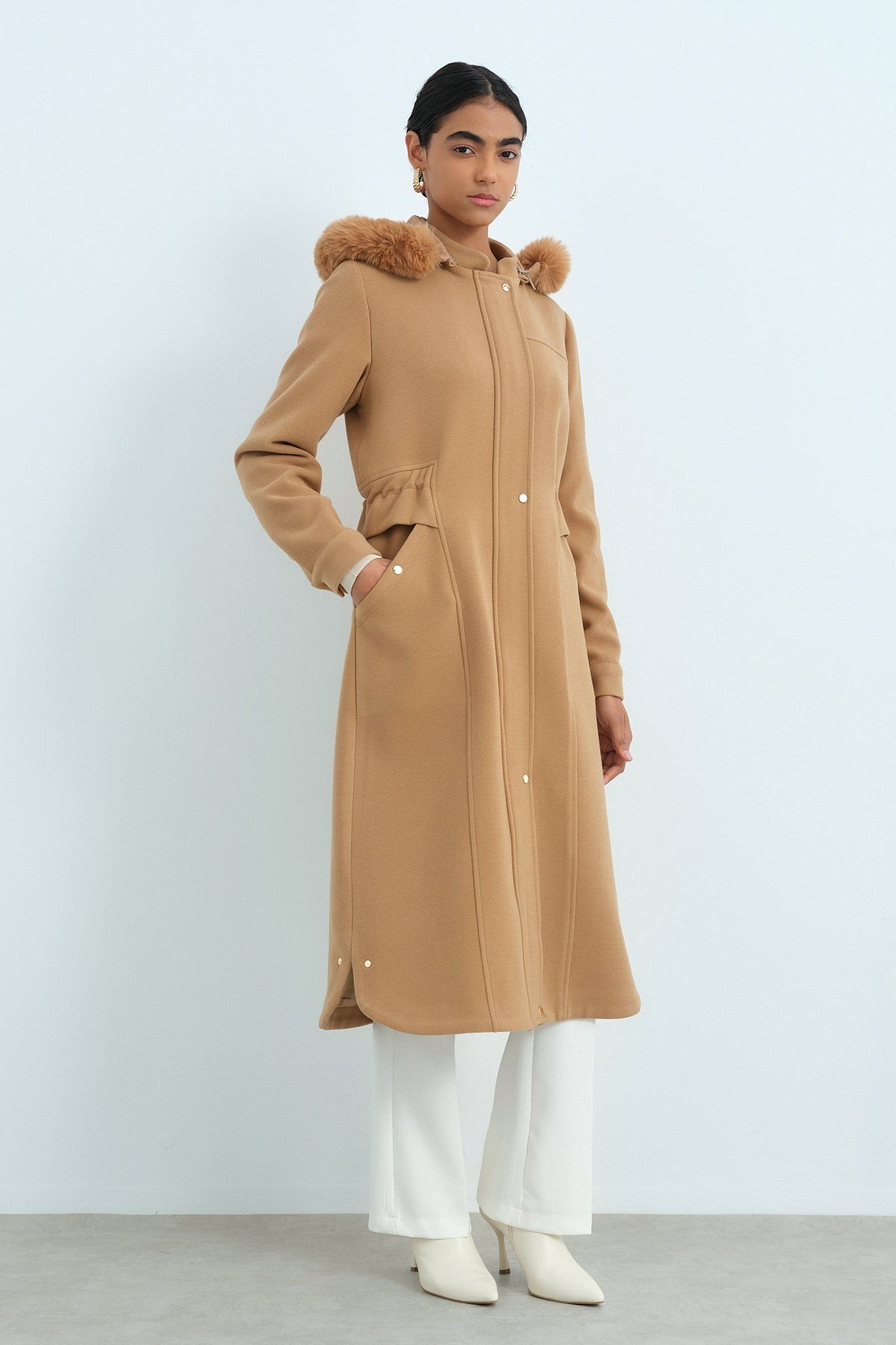 Nihan-Camel Color Oval Coat - Side Detail with Drawstring Waist 2