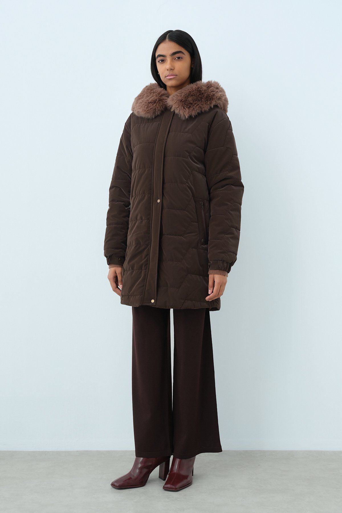 Nihan-Quilted Coat - Mobile Shearling and Hoodie, Brown 2