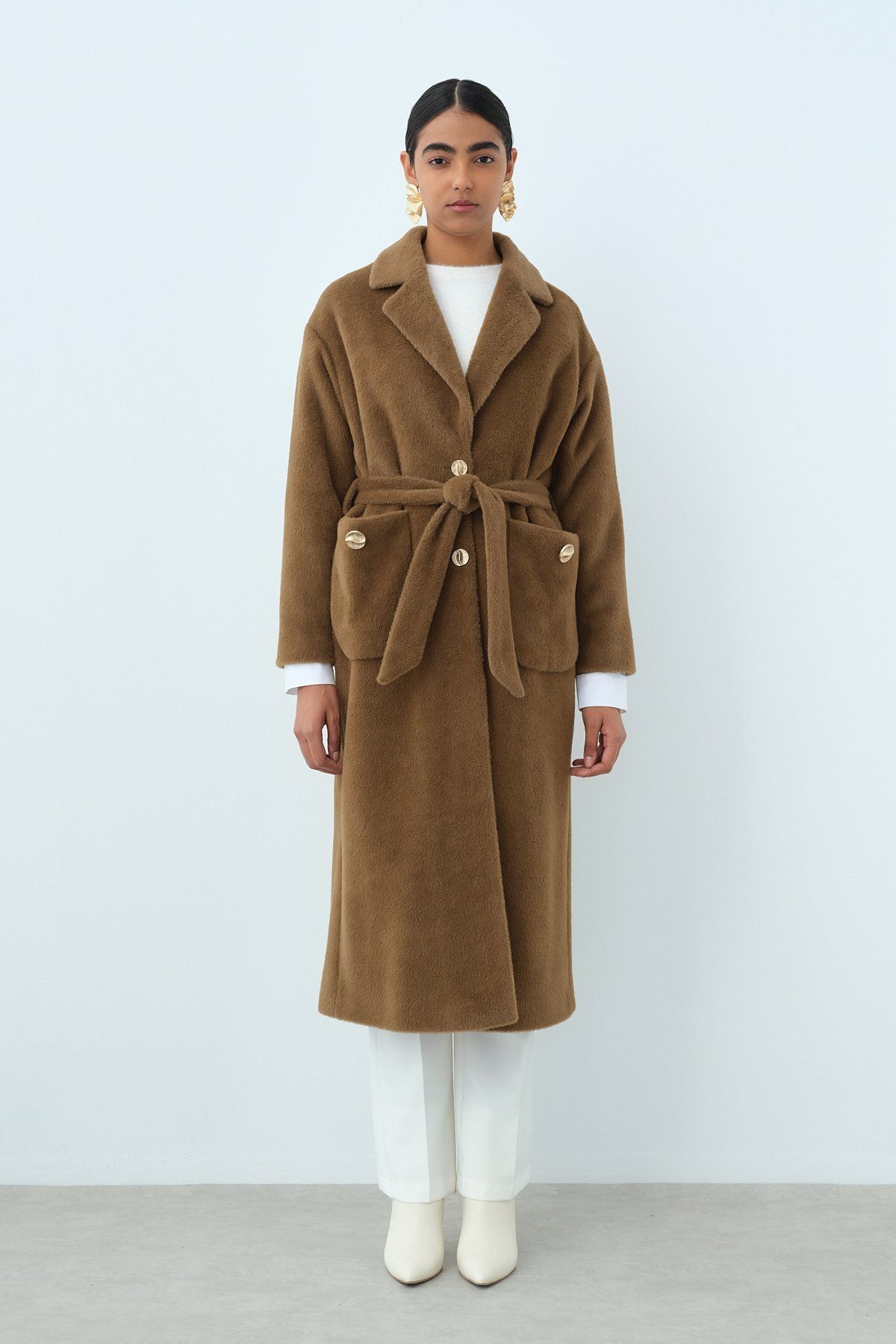 Nihan-Brown Angora Coat - Pocket Detailed 1