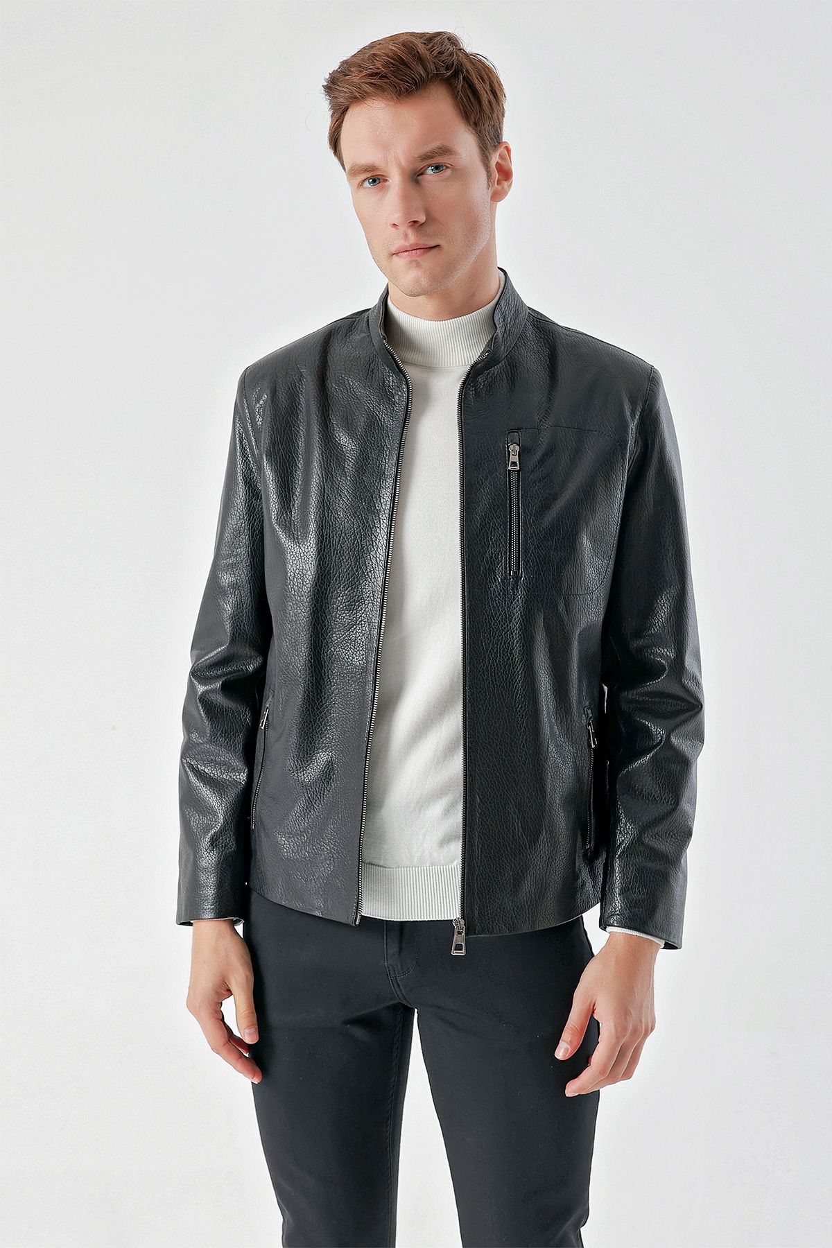 Morven-Men's Black Ibiza Biker Short Leather Coat 1