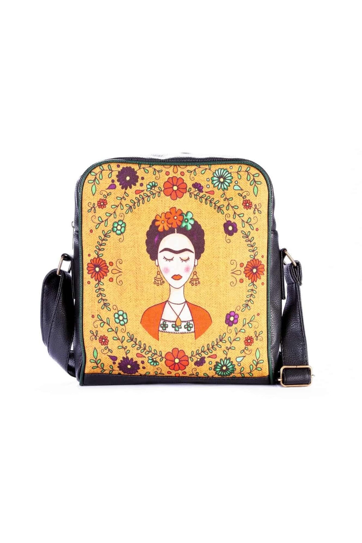 HOODİEMOUSE Frida Kahlo Figürlü Büyük Postacı Kol Çantası Etnik Bohem Style - Siyah görsel 5
