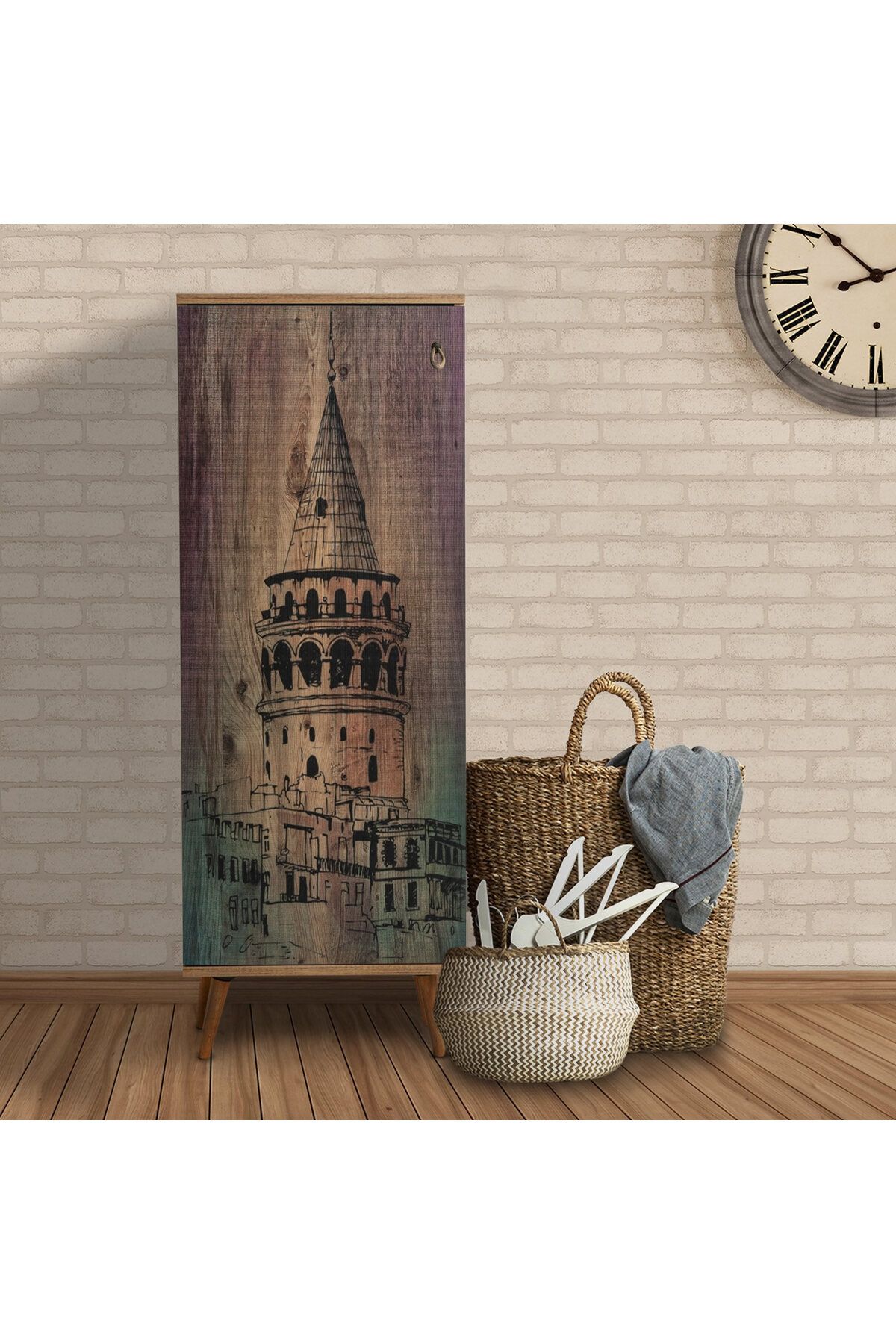 Home Art Design Atlas Galata Kulesi Baskılı Çok Amaçlı Dolap - Atlantik Çam