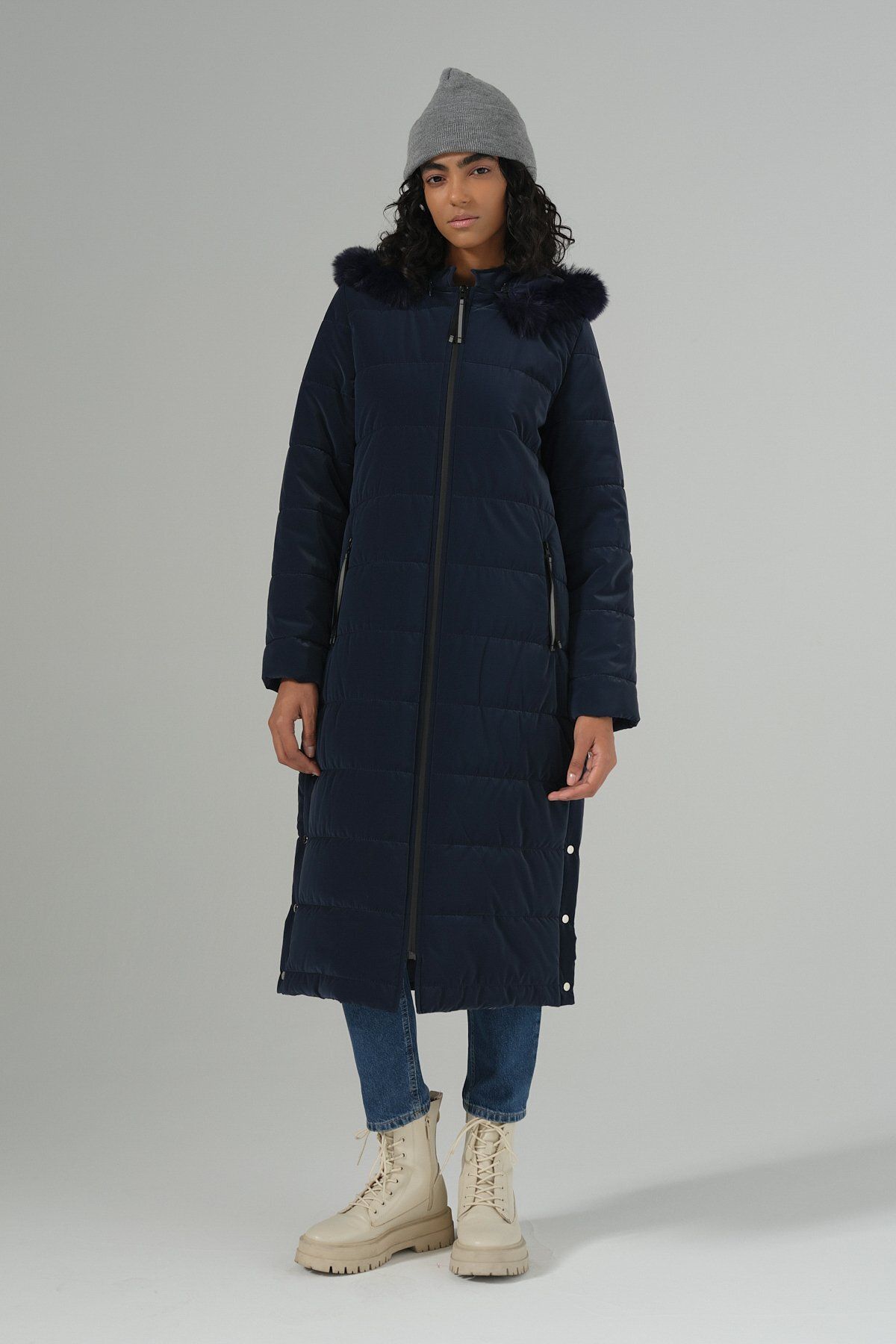 Nihan-Portable Hooded Quilted Coat Navy Blue 5