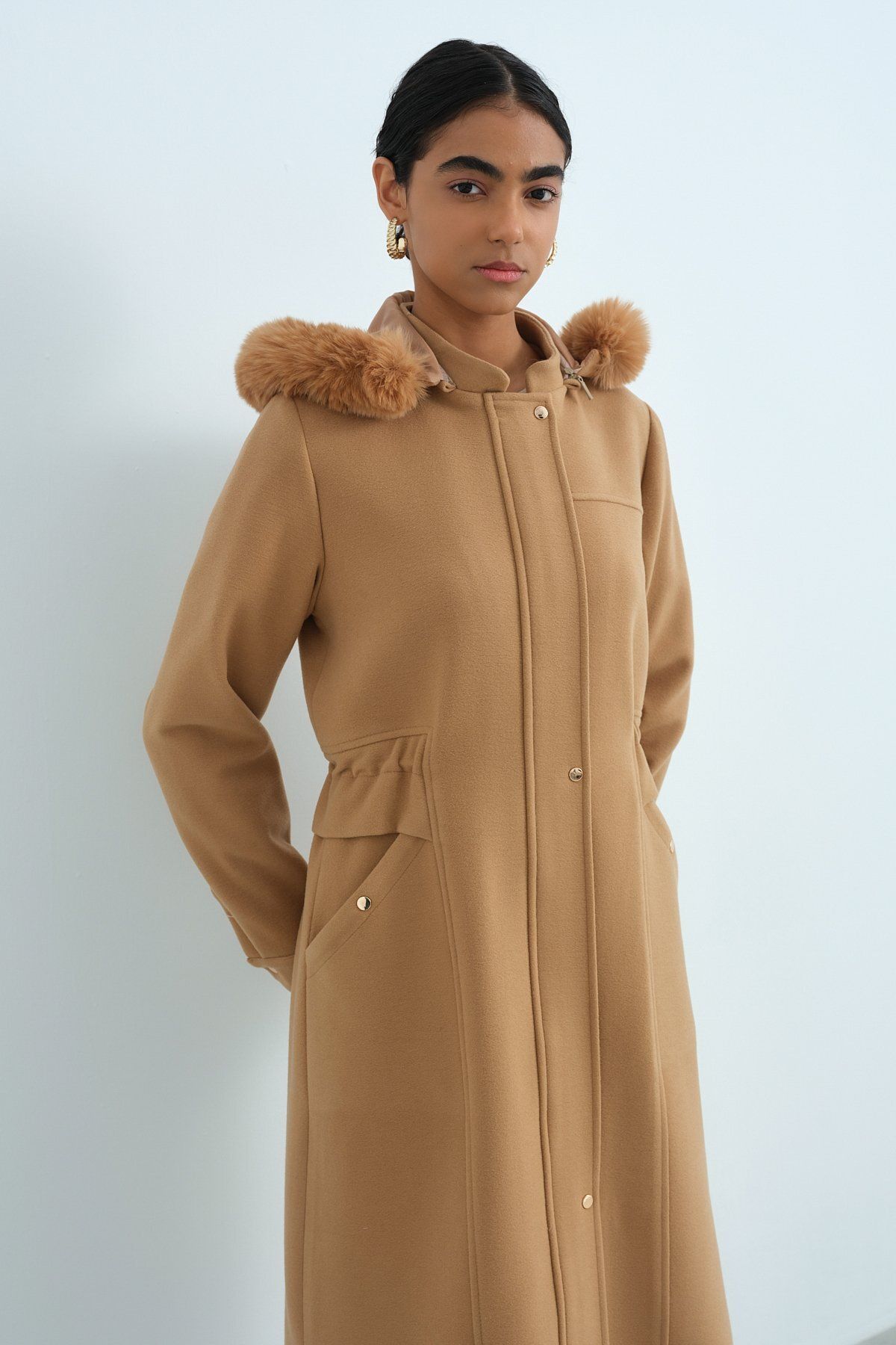 Nihan-Camel Color Oval Coat - Side Detail with Drawstring Waist 3