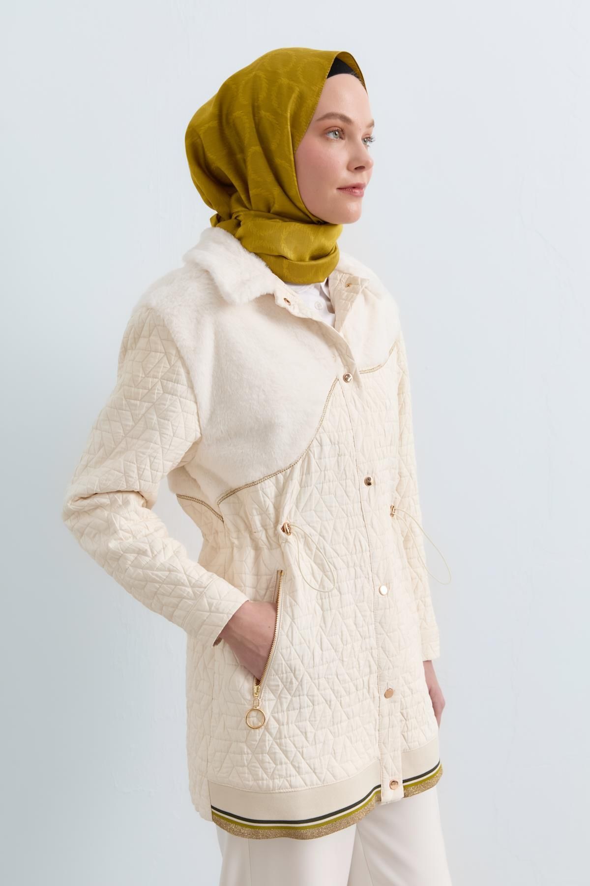 Nihan-Ecru Plush Detailed Thin Quilted Jacket - Drawstring Waist 6