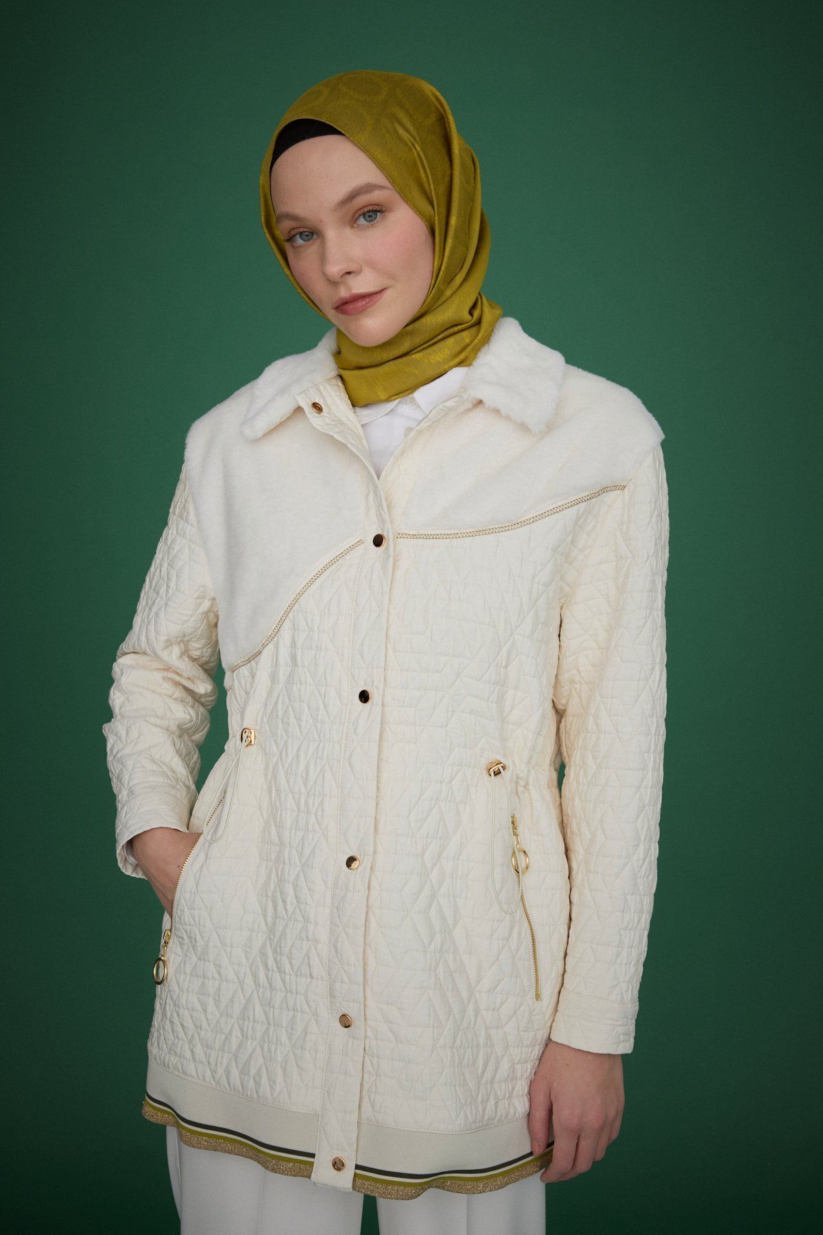 Nihan-Ecru Plush Detailed Thin Quilted Jacket - Drawstring Waist 4
