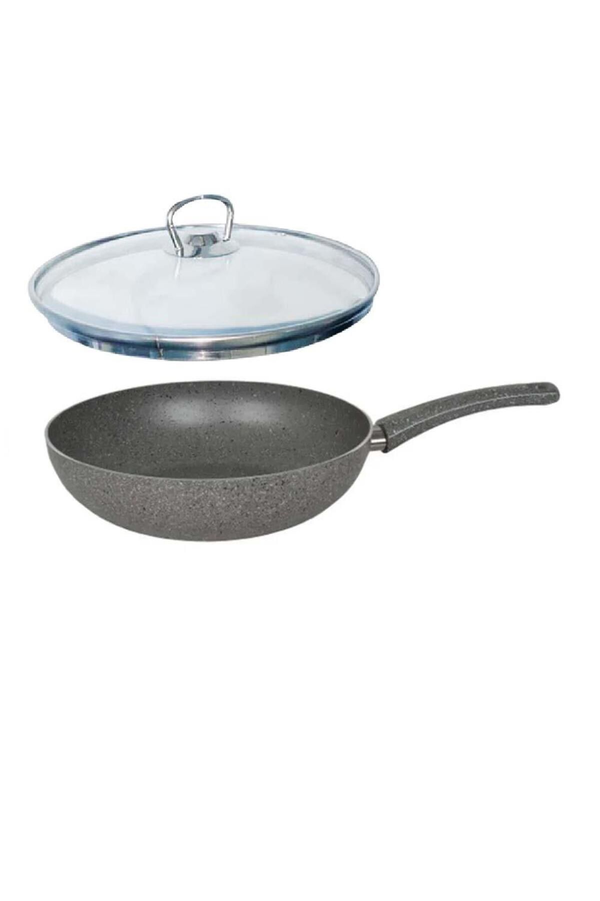 Mehtap Granit Wok Tava 28 CM Cam Kapaklı