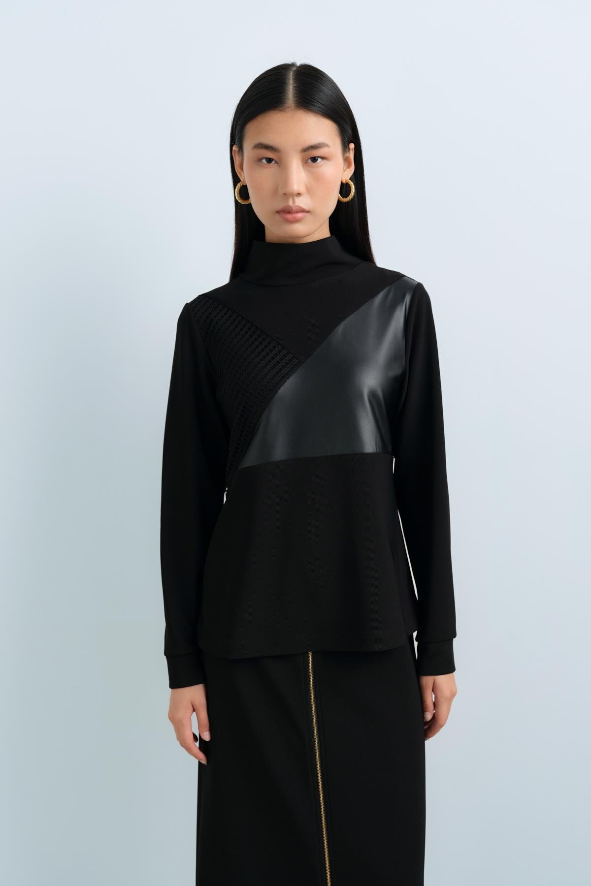 Nihan Dantel ve Deri Mixli Bluz Siyah