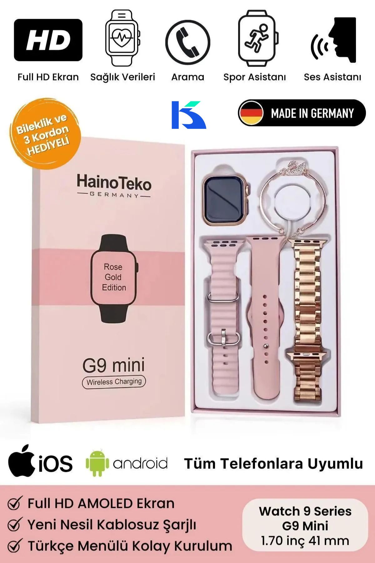 KALİTESENİNLE Premium mini plus 41mm Akıllı Saat Kadın Akıllı Saati 3 Kordon Ve Bileklik Hediyeli Saat Seti