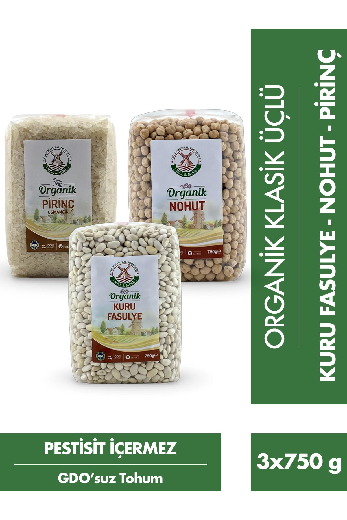 Mill & More Only Natural Products Klasik Üçlü - Organik Kuru Fasulye 750 g + Organik Pirinç 750 g + Organik Nohut 750 g