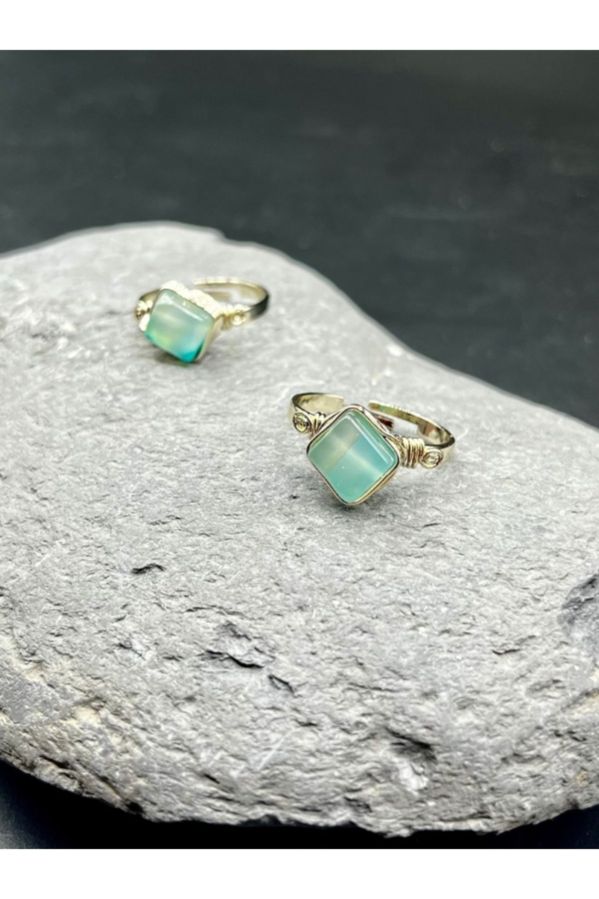 LunaStone-Turquoise Cube Agate Natural Stone Ring, Coating under Water, Adjustable to Each Finger 1