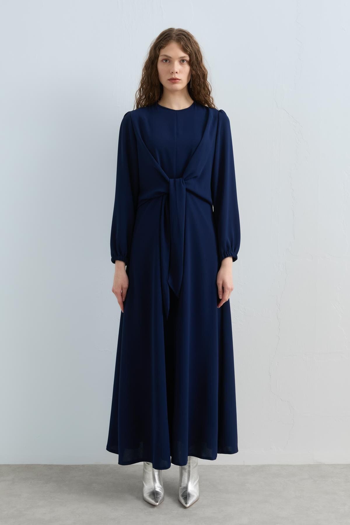 Nihan-Stylish Dress with Draped Waist Detail Navy Blue 3