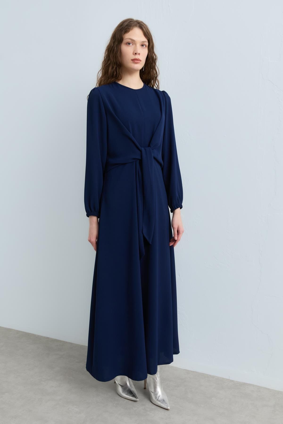 Nihan-Stylish Dress with Draped Waist Detail Navy Blue 5