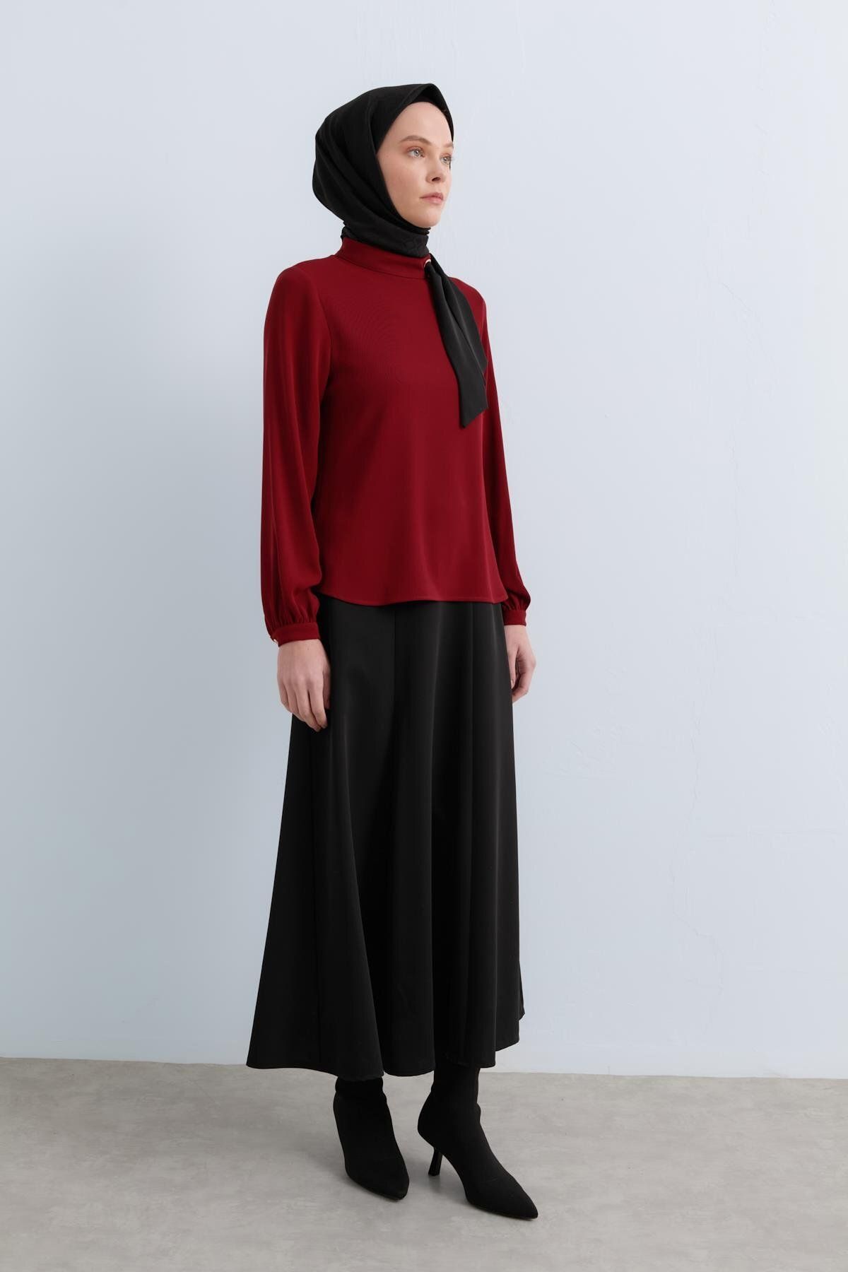 Nihan-Collared Scarf-Skirt Blouse Set (Burgundy) 2