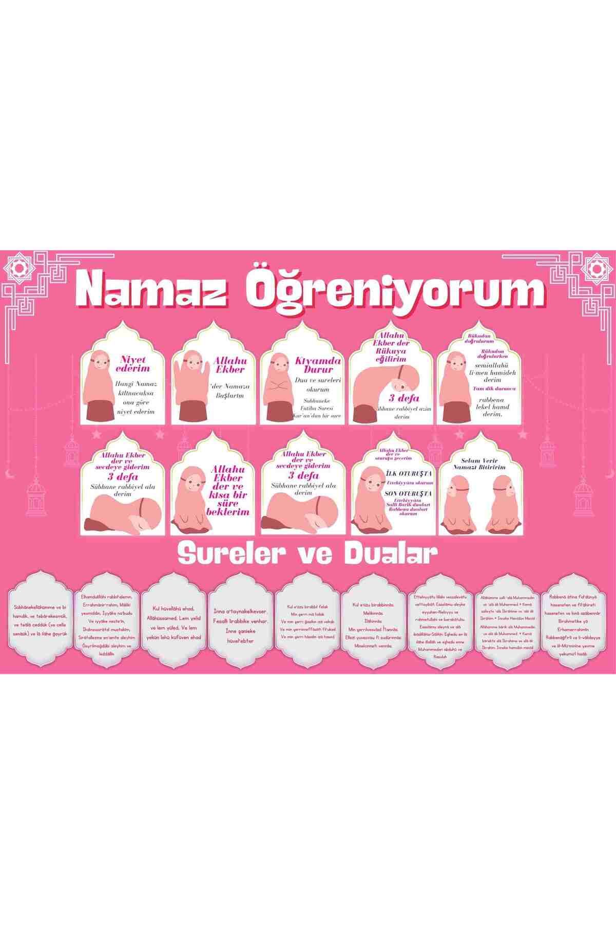 P Parla Çocuklar İçin Renkli  "Namaz Öğreniyorum" Afişi - 33x48 cm Figürlü Eğitim Materyali Kız