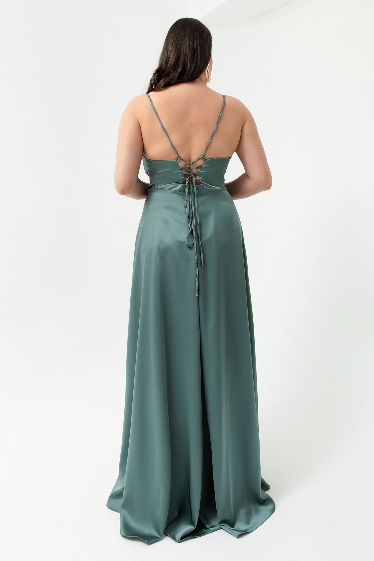 Lafaba-Türkisfarbenes Volant-Schlitz-Abendkleid aus Satin in Übergröße für Damen, Abschlusskleid 5