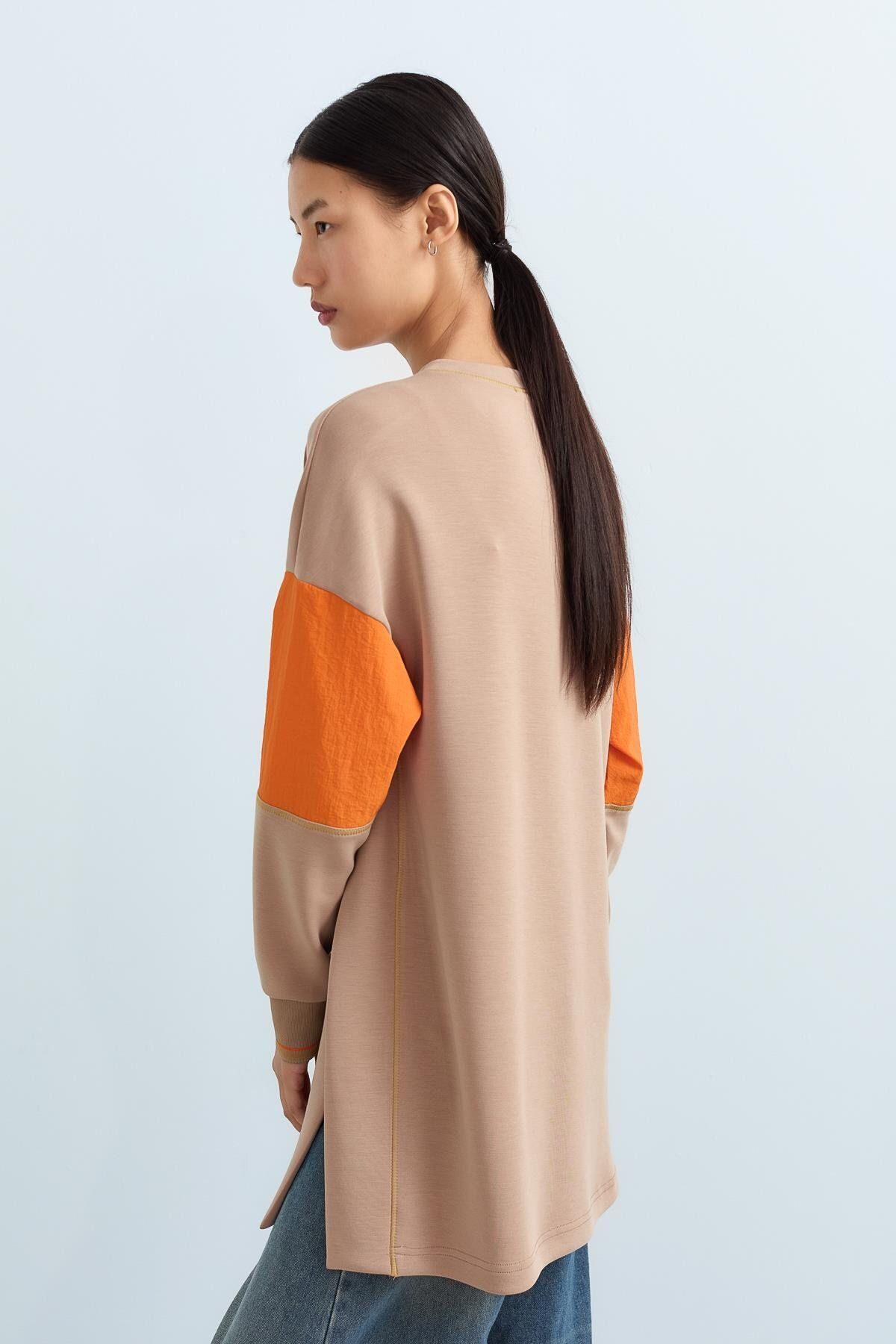 Nihan-Camel Color Blocked Kangaroo Sweatshirt - Pocketed 4